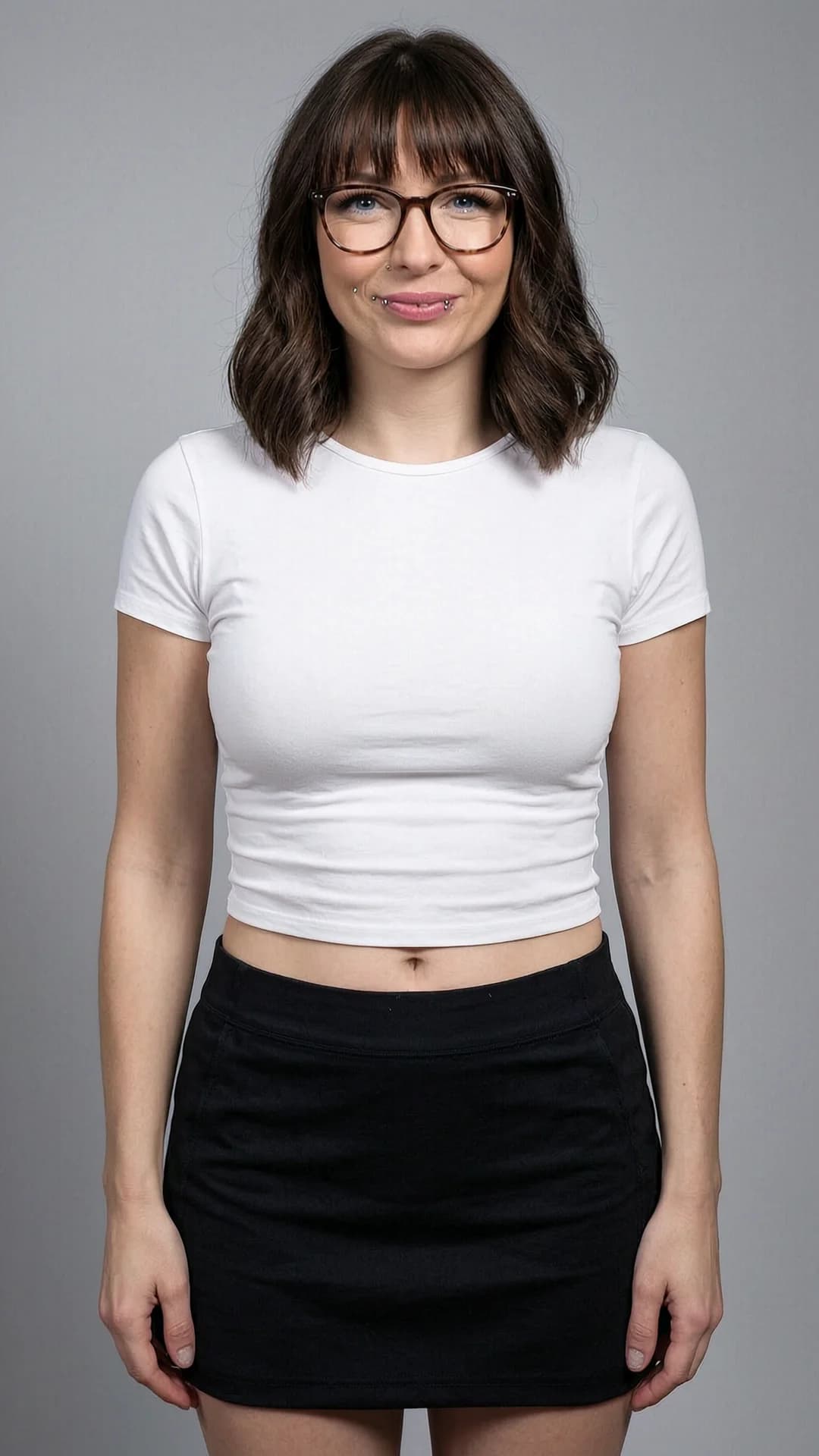 A 37-year-old Caucasian woman with brunette hair in soft bangs, bright blue eyes, average build, wearing stylish glasses and prominent nipple piercings, dressed in a tight white crop top shirt that clings to her torso and a short black tennis skirt, standing in a neutral studio setting, medium close-up portrait from frontal eye-level angle, direct smiling eye contact with the viewer showing warm playful expression and parted lips, realistic style, soft even lighting highlighting skin texture and fabric details, flawless anatomy, no extra digits, no extra limbs, realistic skin texture, high-detail.