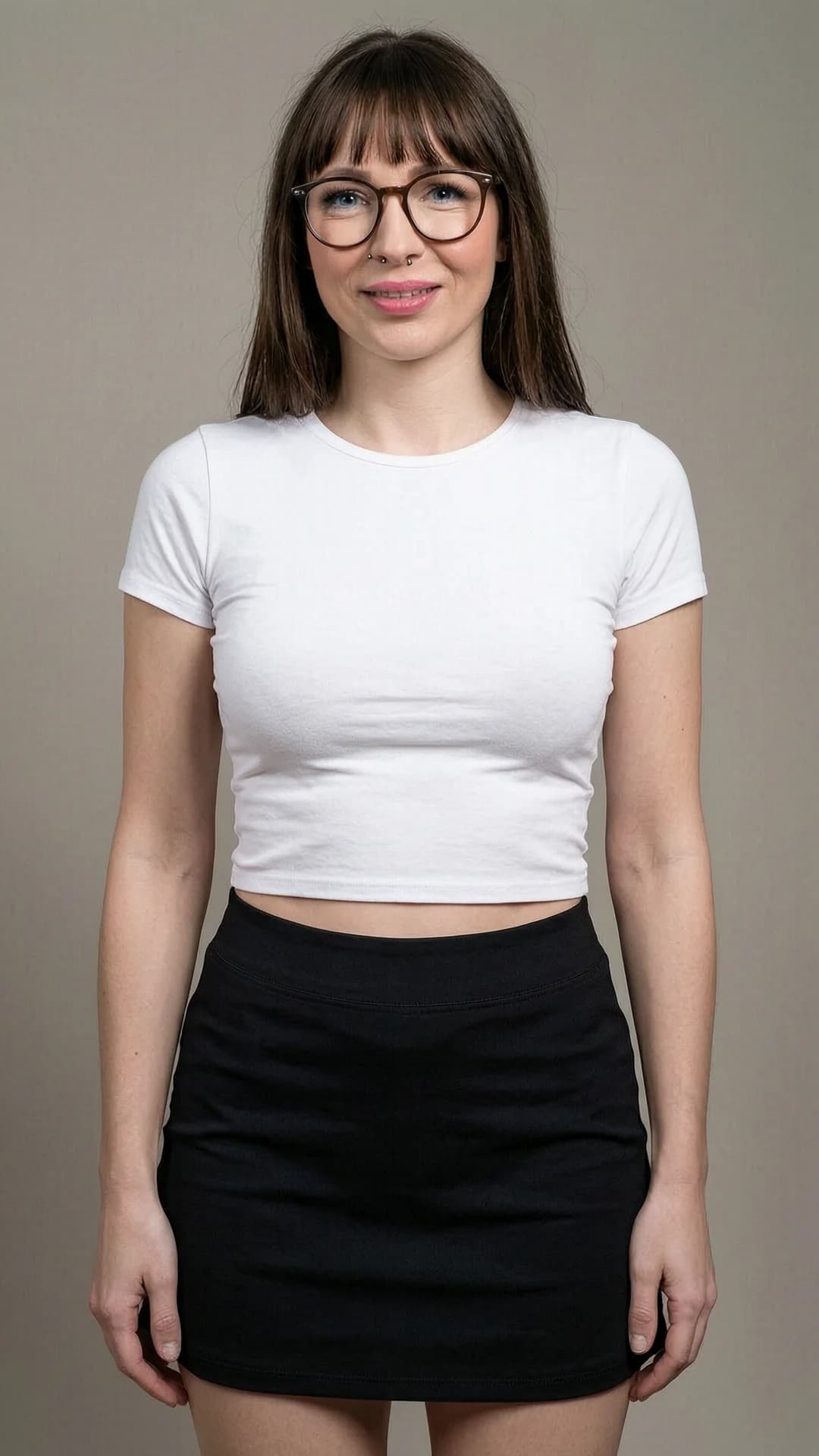A 37-year-old Caucasian woman with brunette hair in soft bangs, bright blue eyes, average build, wearing stylish glasses and prominent nipple piercings, dressed in a tight white crop top shirt that clings to her torso and a short black tennis skirt, standing in a neutral studio setting, medium close-up portrait from frontal eye-level angle, direct smiling eye contact with the viewer showing warm playful expression and parted lips, realistic style, soft even lighting highlighting skin texture and fabric details, flawless anatomy, no extra digits, no extra limbs, realistic skin texture, high-detail.