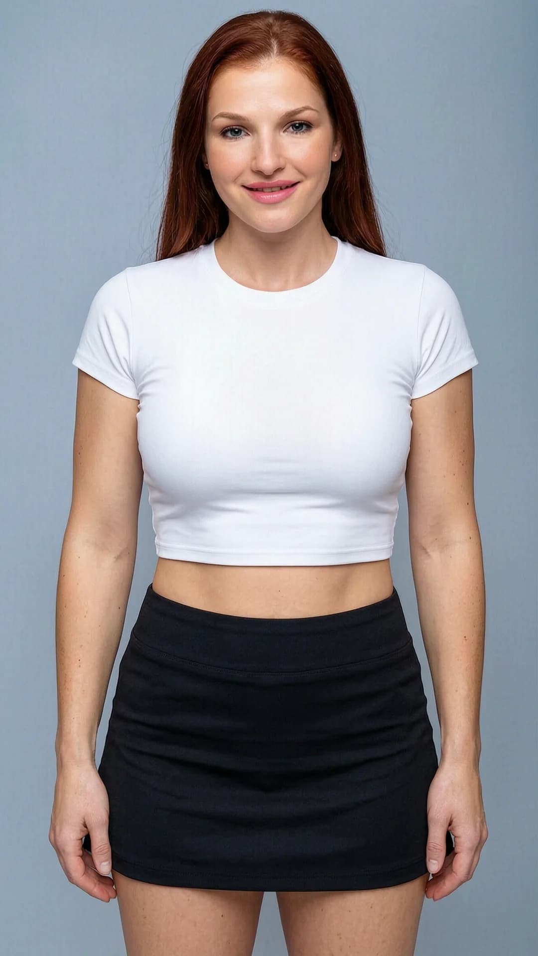 A 36-year-old Caucasian woman with straight red hair, blue eyes, fit athletic body and light freckles across her cheeks, wearing a short black tennis skirt and a tight white crop top shirt that exposes her midriff, standing in a confident upright pose with hips slightly tilted, close-up portrait from direct front angle at eye level, intense direct eye contact with the viewer and a warm genuine smile with parted lips, soft natural daylight illuminating her face and skin, realistic style, detailed fabric textures on the skirt and shirt, subtle muscle definition on her arms and waist, Flawless anatomy, no extra digits, no extra limbs, realistic skin texture, high-detail.