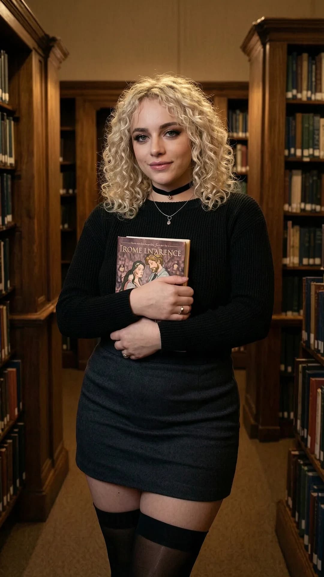 24-year-old Caucasian woman with blonde curly hair, green eyes, fit hourglass body type, soft pale skin, delicate facial features, dark eye makeup and glossy lips, wearing a black choker, fitted black sweater, short dark skirt, thigh-high stockings and subtle silver jewelry with visible belly piercings, standing in a quiet university library surrounded by tall bookshelves and warm ambient lighting while holding a romance novel close to her chest, calm submissive body language with natural pose and subtle muscle tension, medium close-up portrait from slight low angle with soft direct eye contact and shy inviting expression, lips slightly parted, elegant gothic aesthetic, cinematic warm lighting with soft shadows, shallow depth of field, bokeh background, realistic skin texture and proportions, Flawless anatomy, no extra digits, no extra limbs, realistic skin texture, high-detail.