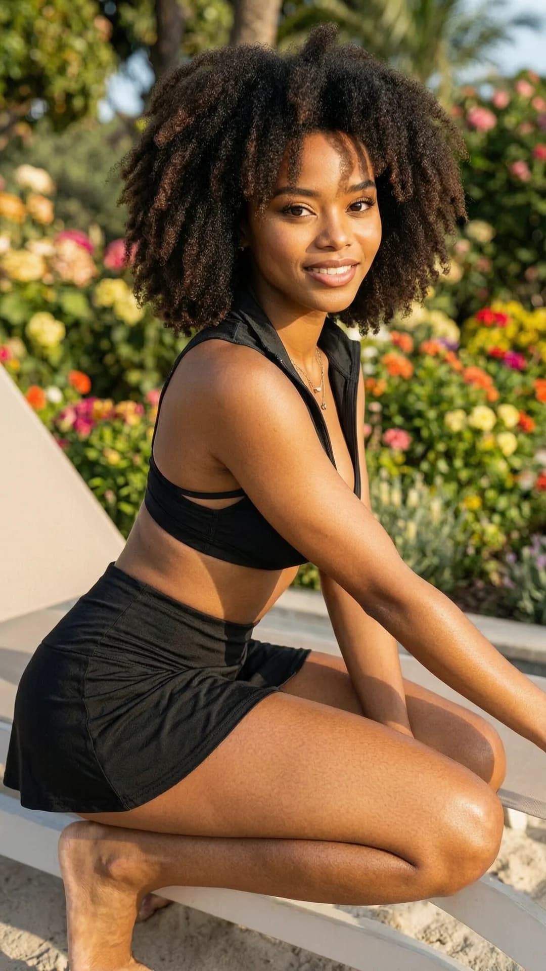 A 27-year-old black woman with fit athletic body, curly voluminous black hair, brown eyes, full lips and radiant skin, wearing a short black tennis skirt and crop top shirt over a stylish bikini, elegant necklace, squatting in an athletic pose on a beach lounger while tanning, direct eye contact with the viewer and warm smile, portrait composition in a beautiful beachside garden filled with colorful flowers, medium close-up from eye-level front angle, natural sunlight highlighting skin sheen and muscle tension in her toned legs and core, body positioned with knees bent and hips low, Flawless anatomy, no extra digits, no extra limbs, realistic skin texture, high-detail.