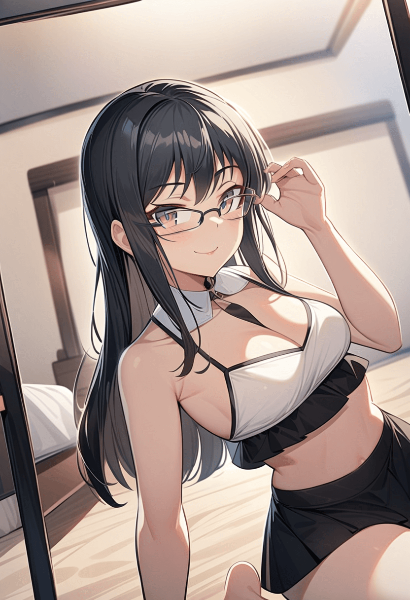 Wearing short black tennis skirt and a crop top shirt, portrait picture, looking at the viewer with a smile, wearing a stylish bikini on the beach, kneeling pose, elegant position, wearing a fashionable choker, in a cozy bedroom setting