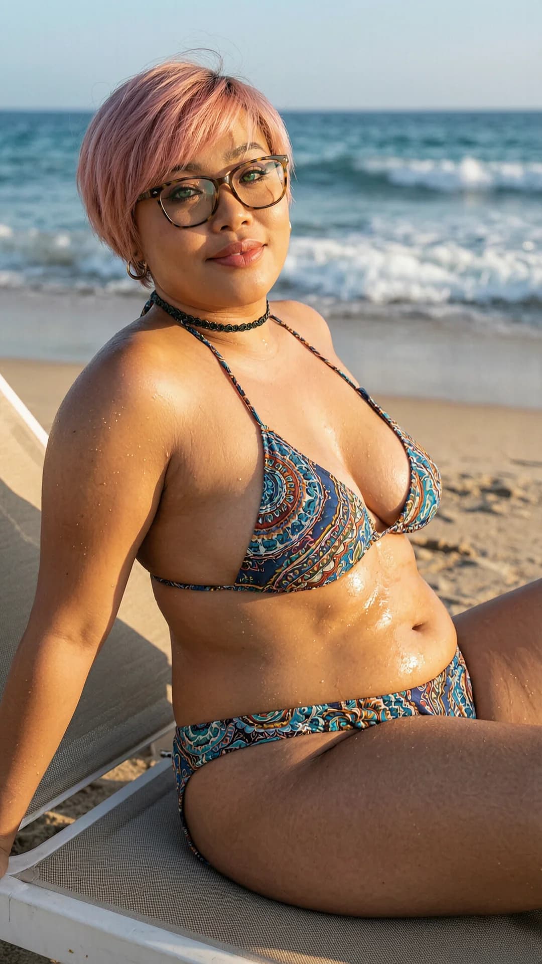 A 29-year-old Asian woman with a chubby body type, short pink hair, green eyes, and stylish glasses, wearing a fashionable choker and a stylish bikini, sitting casually in a relaxed pose on a beach lounger while tanning on a sunny beach with ocean waves crashing in the background, soft sunlight casting warm highlights across her glistening skin with a light sheen of sweat accentuating her full curves and natural breast position, captured in a medium close-up from a slight three-quarter side angle with relaxed eye contact toward the viewer and a calm contented expression, bright vibrant lighting, gentle ocean breeze, cinematic mood, Flawless anatomy, no extra digits, no extra limbs, realistic skin texture, high-detail.