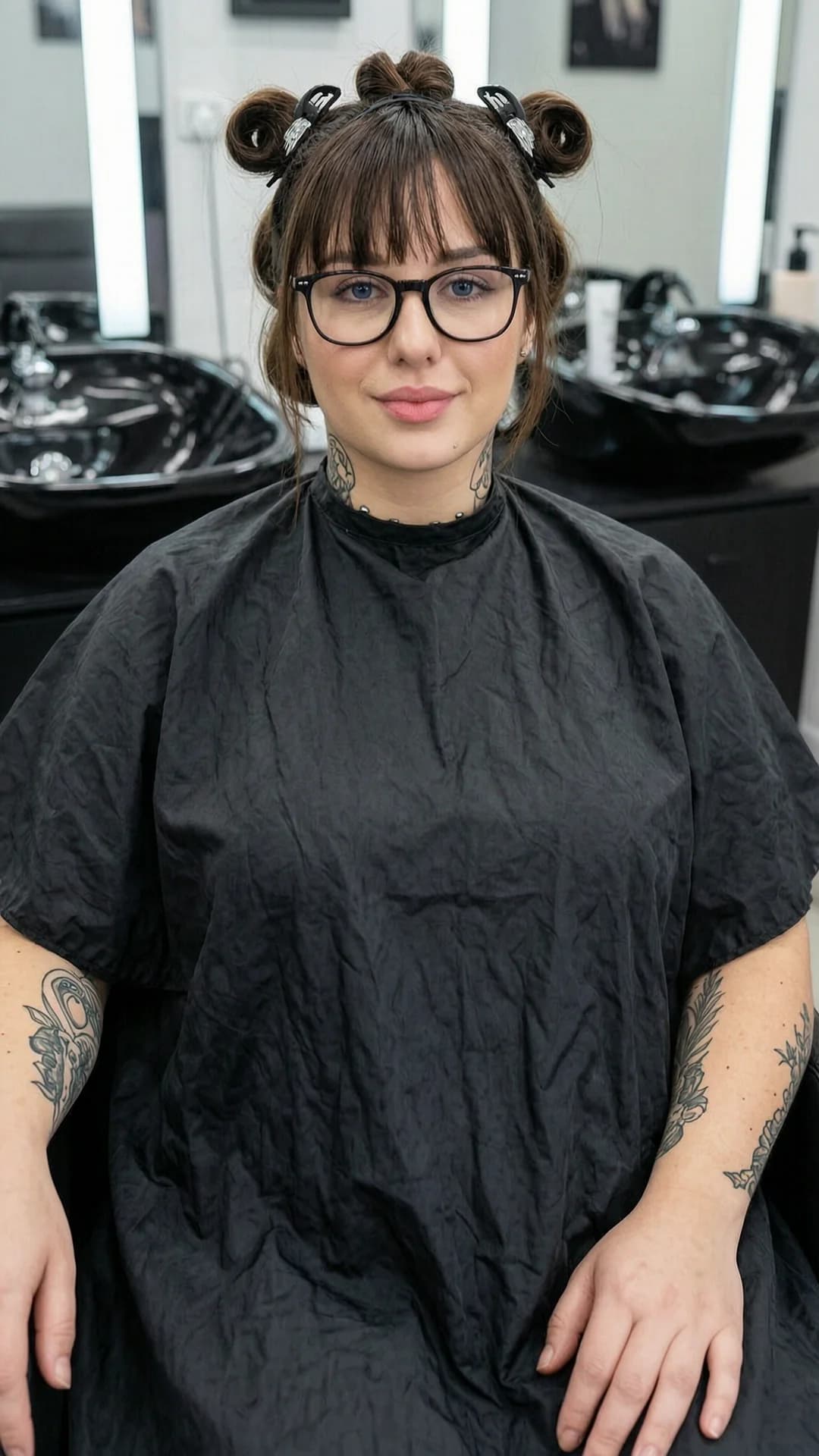 A 24-year-old Caucasian woman with chubby body type, brunette hair with bangs clipped up in sections, blue eyes behind glasses, visible tattoos on arms and neck, and belly piercings, wearing a black shampoo cape while seated in a salon chair with her head tilted slightly back, body relaxed and positioned upright, medium close-up from front angle showing the salon sink and mirror in soft focus behind her, bright even salon lighting highlighting skin texture and fabric folds, direct eye contact with calm anticipation and relaxed expression, lips gently closed, flawless anatomy, no extra digits, no extra limbs, realistic skin texture, high-detail.