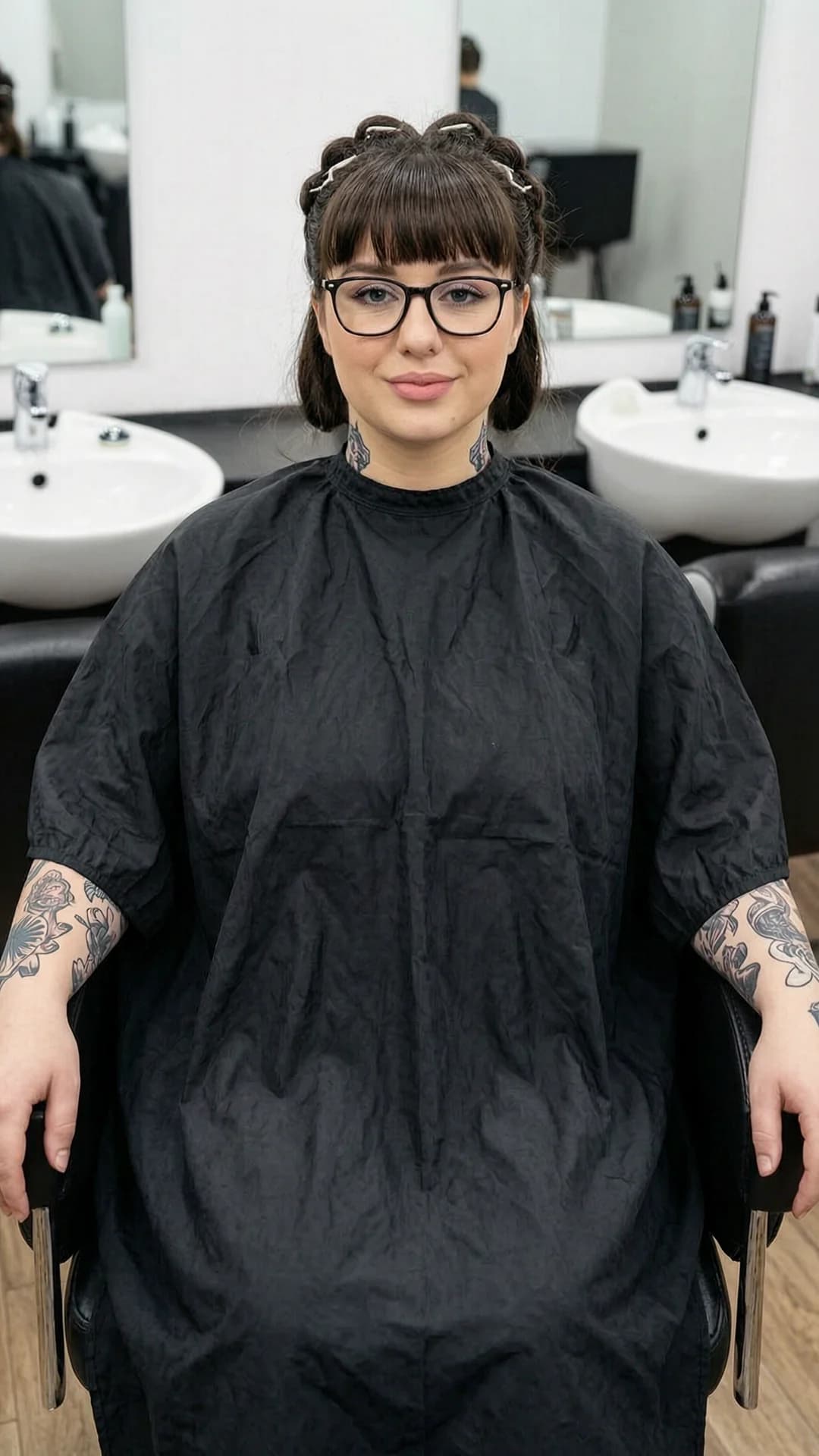 A 24-year-old Caucasian woman with chubby body type, brunette hair with bangs clipped up in sections, blue eyes behind glasses, visible tattoos on arms and neck, and belly piercings, wearing a black shampoo cape while seated in a salon chair with her head tilted slightly back, body relaxed and positioned upright, medium close-up from front angle showing the salon sink and mirror in soft focus behind her, bright even salon lighting highlighting skin texture and fabric folds, direct eye contact with calm anticipation and relaxed expression, lips gently closed, flawless anatomy, no extra digits, no extra limbs, realistic skin texture, high-detail.