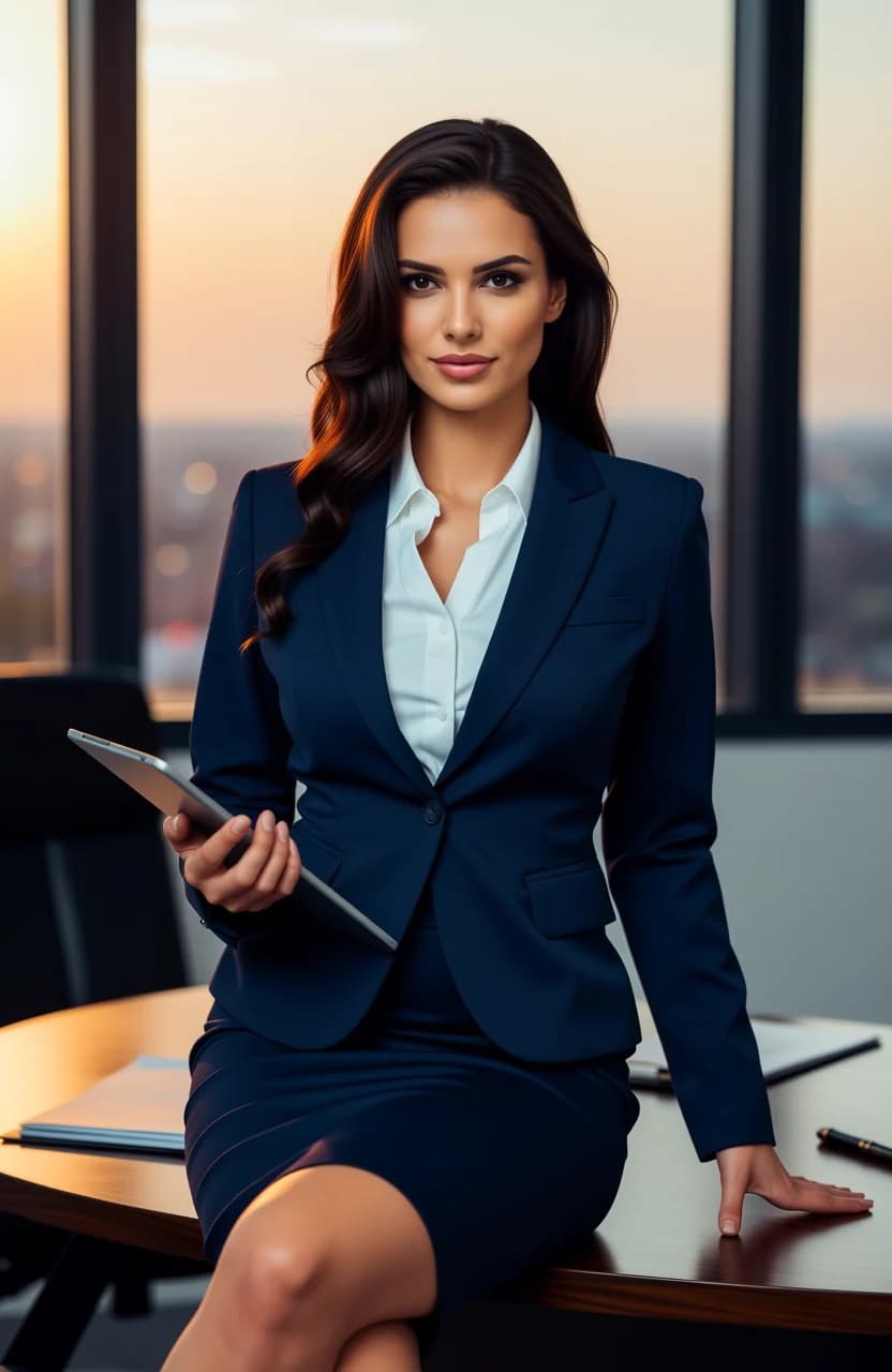 25-year-old Latino woman with fit body type, long brown hair styled elegantly, brown eyes, realistic style, confident businesswoman in tailored navy blue power suit with crisp white blouse and pencil skirt, sitting poised at a sleek executive desk in a modern corner office with expansive city skyline view through floor-to-ceiling windows at dusk, professional headshot style medium close-up from a slight low angle straight-on POV emphasizing her authoritative presence, warm inviting smile with sophisticated makeup featuring bold red lips and flawless contouring, holding a slim tablet in one hand while resting the other on the desk, direct intense eye contact with the viewer conveying poised confidence and charisma, subtle warm golden hour lighting casting soft glows and shadows across her sharp features and the polished wooden desk scattered with executive papers and a luxury pen, body physics with natural fit muscle tension in shoulders and arms, subtle skin sheen from office air conditioning, breasts modestly proportioned under fitted blouse with natural slight lift from posture, legs crossed elegantly under desk, sophisticated mood of empowered professionalism. Flawless anatomy, no extra digits, no extra limbs, realistic skin texture, high-detail.