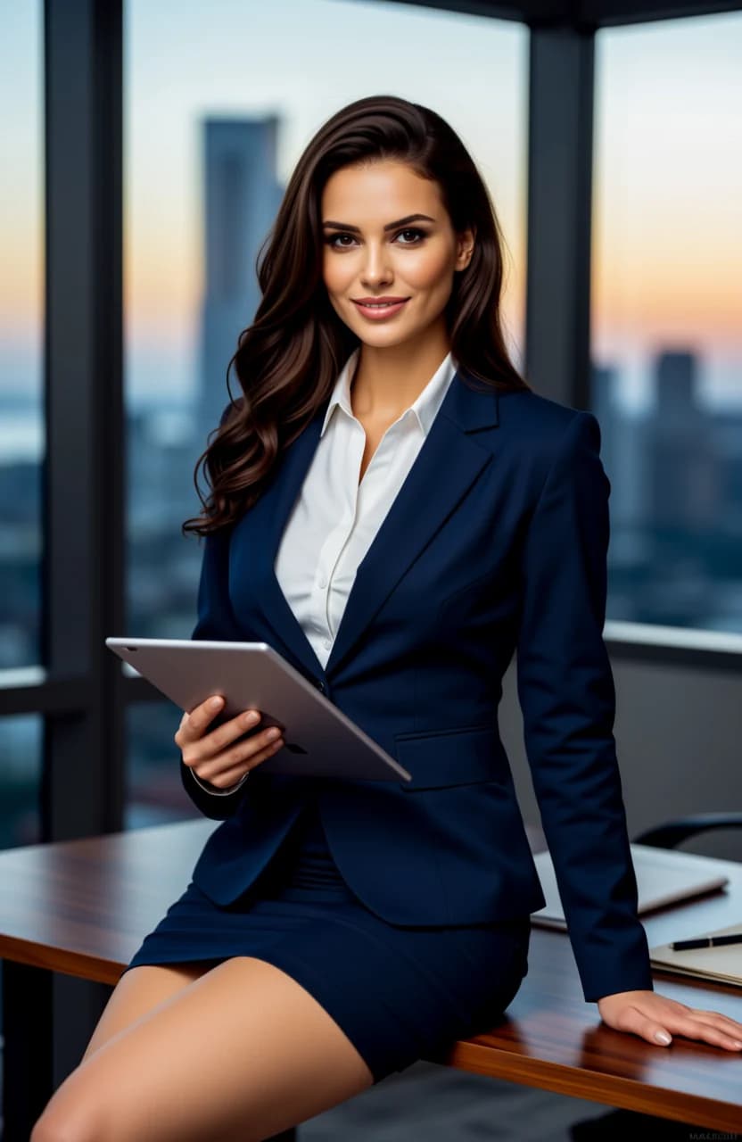 25-year-old Latino woman with fit body type, long brown hair styled elegantly, brown eyes, realistic style, confident businesswoman in tailored navy blue power suit with crisp white blouse and pencil skirt, sitting poised at a sleek executive desk in a modern corner office with expansive city skyline view through floor-to-ceiling windows at dusk, professional headshot style medium close-up from a slight low angle straight-on POV emphasizing her authoritative presence, warm inviting smile with sophisticated makeup featuring bold red lips and flawless contouring, holding a slim tablet in one hand while resting the other on the desk, direct intense eye contact with the viewer conveying poised confidence and charisma, subtle warm golden hour lighting casting soft glows and shadows across her sharp features and the polished wooden desk scattered with executive papers and a luxury pen, body physics with natural fit muscle tension in shoulders and arms, subtle skin sheen from office air conditioning, breasts modestly proportioned under fitted blouse with natural slight lift from posture, legs crossed elegantly under desk, sophisticated mood of empowered professionalism. Flawless anatomy, no extra digits, no extra limbs, realistic skin texture, high-detail.