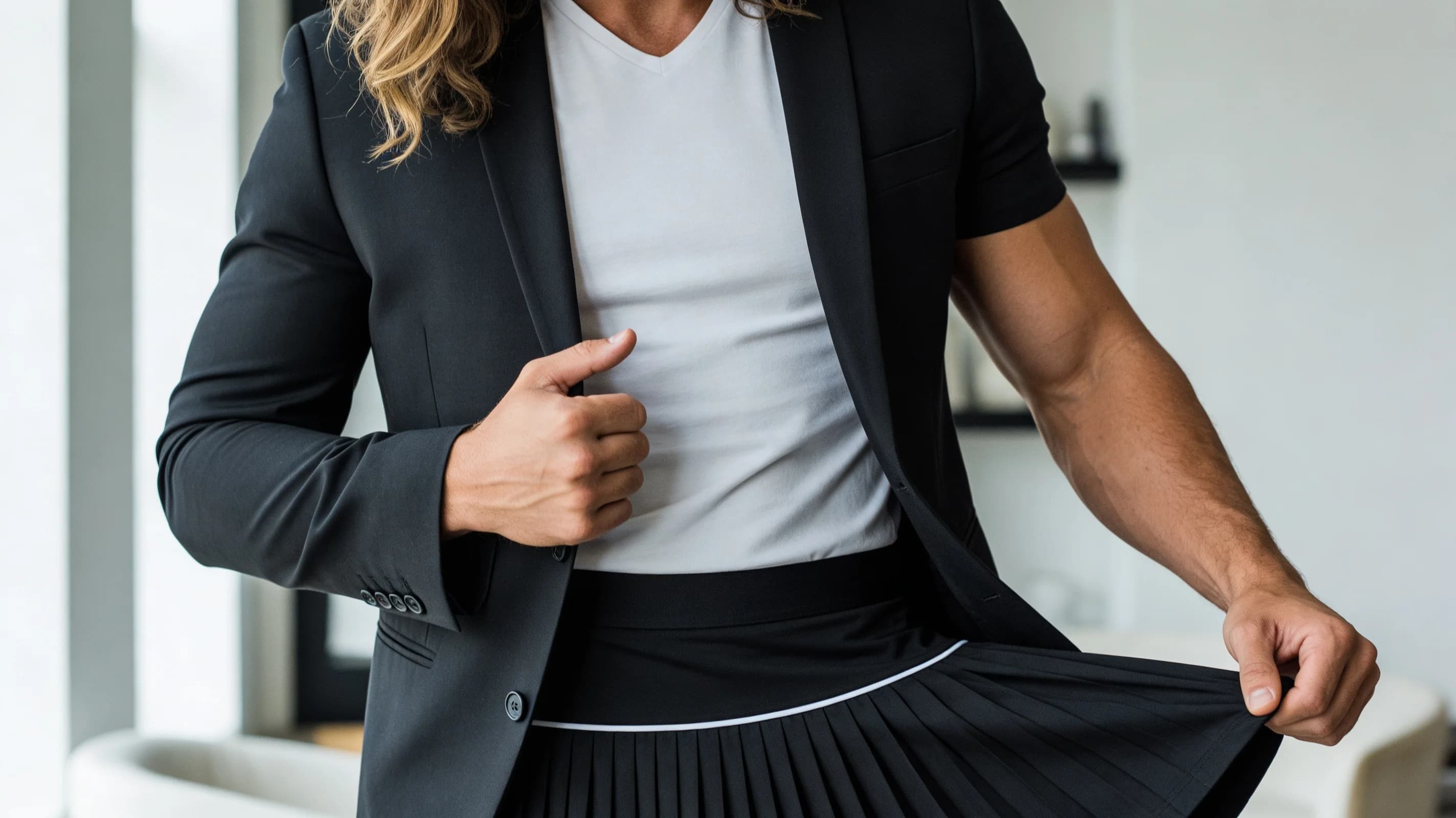 A 24-year-old muscular Caucasian man with long flowing blonde hair and piercing blue eyes, wearing a short black tennis skirt that sits high on his hips and a tight white crop top shirt exposing his defined abs, captured in a close-up portrait from direct front angle at eye level, standing with shoulders squared and hips slightly tilted toward the viewer, intense direct eye contact with a warm genuine smile and lips gently curved upward, soft natural studio lighting casting subtle highlights across his chiseled physique and smooth skin, realistic style with visible muscle tension and fabric texture on the clothing, Flawless anatomy, no extra digits, no extra limbs, realistic skin texture, high-detail.