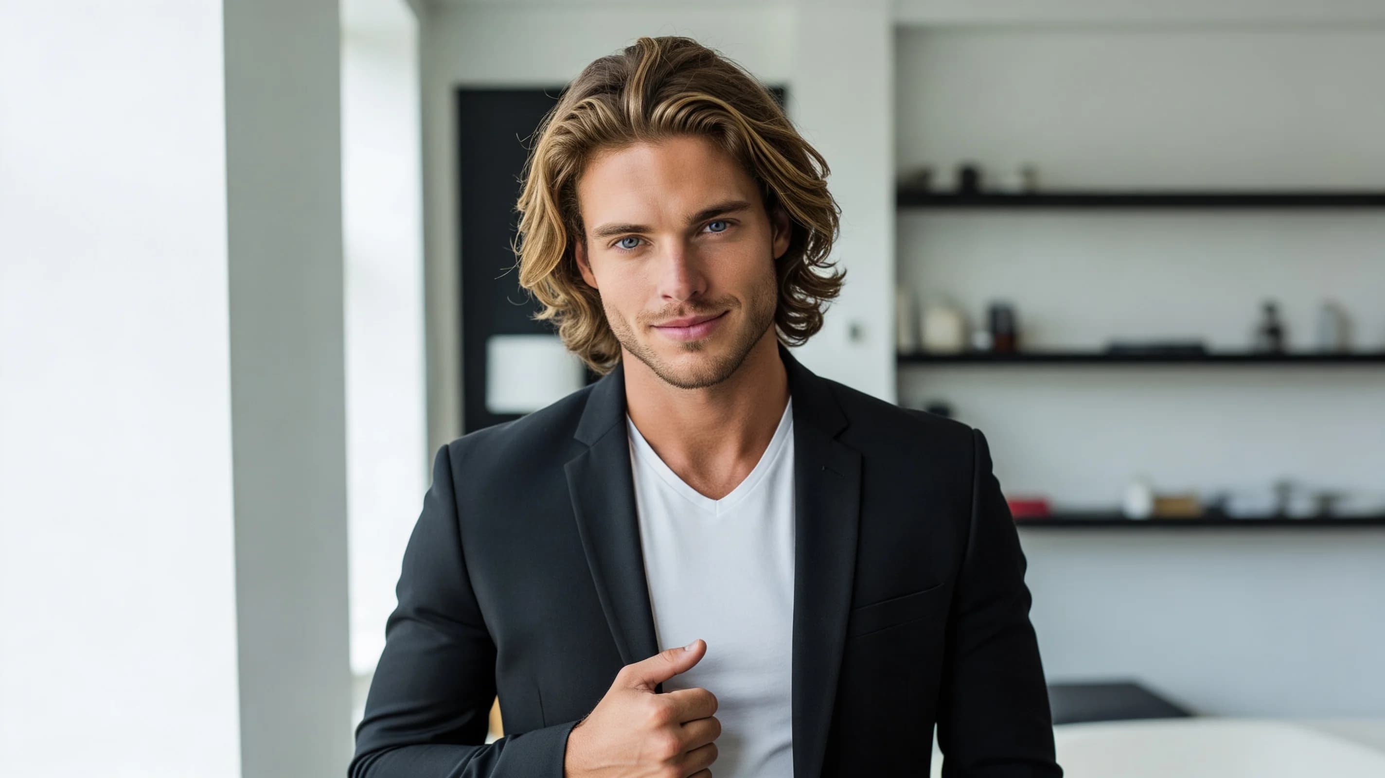 A 24-year-old muscular Caucasian man with long flowing blonde hair and piercing blue eyes, wearing a short black tennis skirt that sits high on his hips and a tight white crop top shirt exposing his defined abs, captured in a close-up portrait from direct front angle at eye level, standing with shoulders squared and hips slightly tilted toward the viewer, intense direct eye contact with a warm genuine smile and lips gently curved upward, soft natural studio lighting casting subtle highlights across his chiseled physique and smooth skin, realistic style with visible muscle tension and fabric texture on the clothing, Flawless anatomy, no extra digits, no extra limbs, realistic skin texture, high-detail.