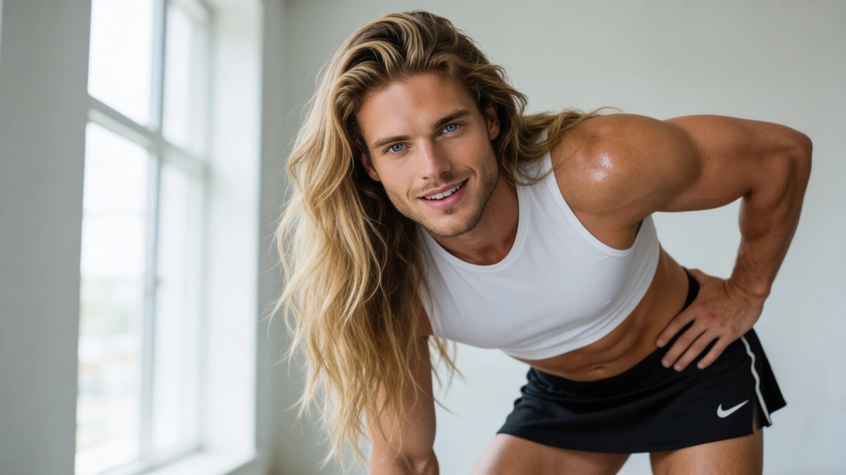 A 24-year-old muscular Caucasian man with long flowing blonde hair and piercing blue eyes, wearing a tight white crop top shirt that exposes his chiseled abs and a short black tennis skirt that reveals his powerful thighs, captured in a close-up portrait from a direct frontal eye-level angle, standing confidently with one hand on his hip and body slightly angled toward the viewer with subtle muscle tension across his torso and thighs, intense direct eye contact with a warm genuine smile, lips parted and curved upward in playful joy, soft natural window lighting highlighting his defined muscles and smooth skin texture with a faint sheen, neutral blurred studio background, realistic style, Flawless anatomy, no extra digits, no extra limbs, realistic skin texture, high-detail.