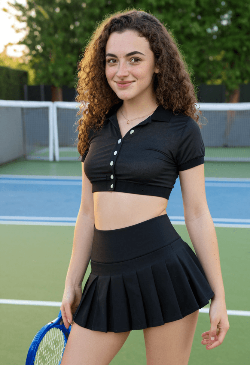 Wearing short black tennis skirt and a crop top shirt, portrait picture, looking at the viewer with a smile