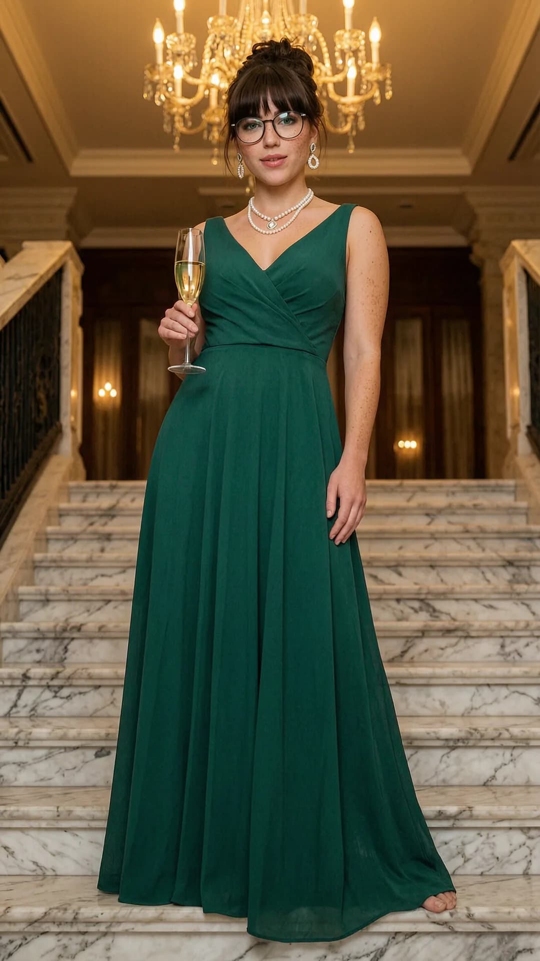24-year-old Caucasian woman with brunette bangs, green eyes, skinny build, freckles across her cheeks and nose, wearing stylish glasses, standing confidently on a marble staircase in a luxury venue under warm chandelier lighting creating a glamorous atmosphere, wearing a flowing emerald evening gown with pearl jewelry, elegant updo hairstyle, holding a champagne glass, full body shot from a slight low angle POV, intense direct eye contact with seductive confidence and lips parted, fashion photography style, relaxed yet elegant posture, wearing an elegant necklace and beautiful earrings, flawless anatomy, no extra digits, no extra limbs, realistic skin texture, high-detail.