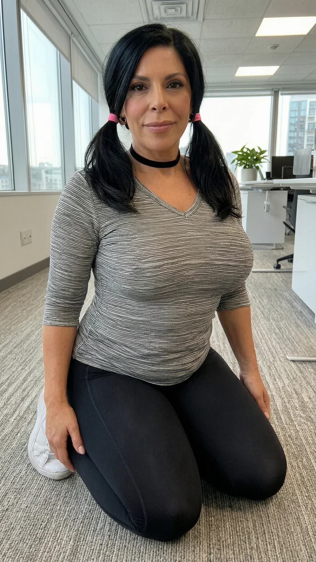 A 43-year-old Caucasian woman with a chubby body type, soft rounded curves, full breasts resting naturally against her torso, black medium-length hair styled in two low side ponytails secured by pink hair ties, and warm brown eyes, wearing a casual fitted shirt, black leggings that hug her thick thighs and hips, white sneakers, and a fashionable black choker, kneeling elegantly on the carpeted floor of a modern office with sleek desks, large windows, and minimalist decor in the background, her body positioned with knees together and back arched gracefully, soft belly and chubby arms relaxed yet poised, skin with a subtle sheen under bright overhead lighting mixed with natural daylight, captured in a medium close-up from a slightly elevated side angle, intense direct eye contact with a serene and confident expression, lips gently parted, Flawless anatomy, no extra digits, no extra limbs, realistic skin texture, high-detail.