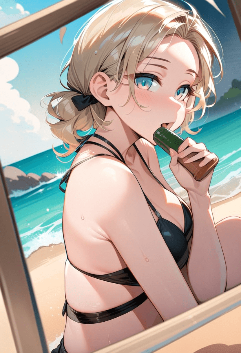 Wearing short black tennis skirt and a crop top shirt, portrait picture, looking at the viewer with a smile, wearing a stylish bikini on the beach