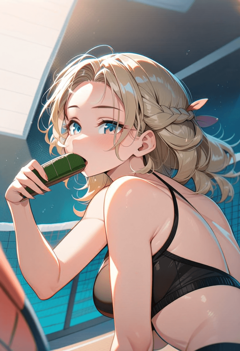 22-year-old caucasian woman, anime style, fit body type, medium breasts, medium butt, braided hair, rosy cheeks, wearing short black mini tennis skirt and crop top midriff shirt, full-body portrait, looking at the viewer with a smile, detailed face, vibrant colors, high quality, masterpiece