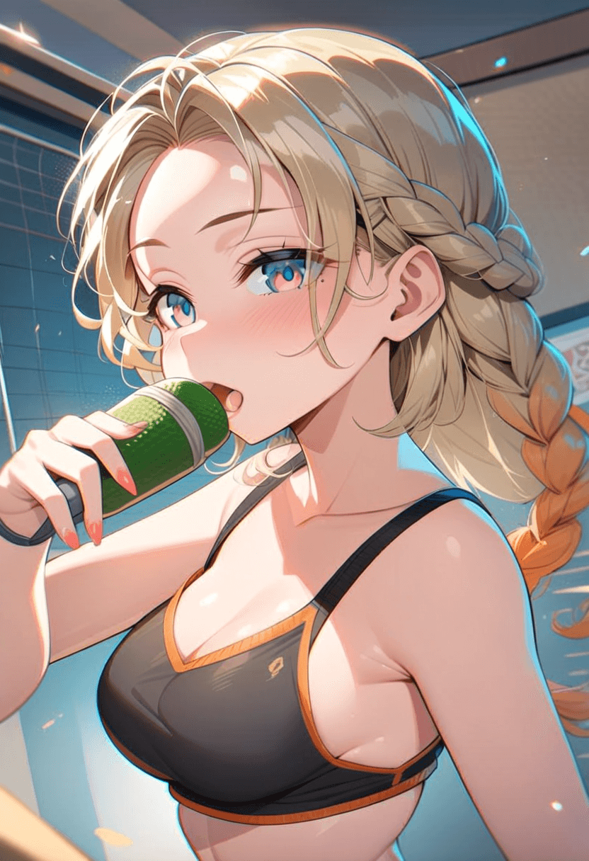 22-year-old caucasian woman, anime style, fit body type, medium breasts, medium butt, braided hair, rosy cheeks, wearing short black mini tennis skirt and crop top midriff shirt, full-body portrait, looking at the viewer with a smile, detailed face, vibrant colors, high quality, masterpiece