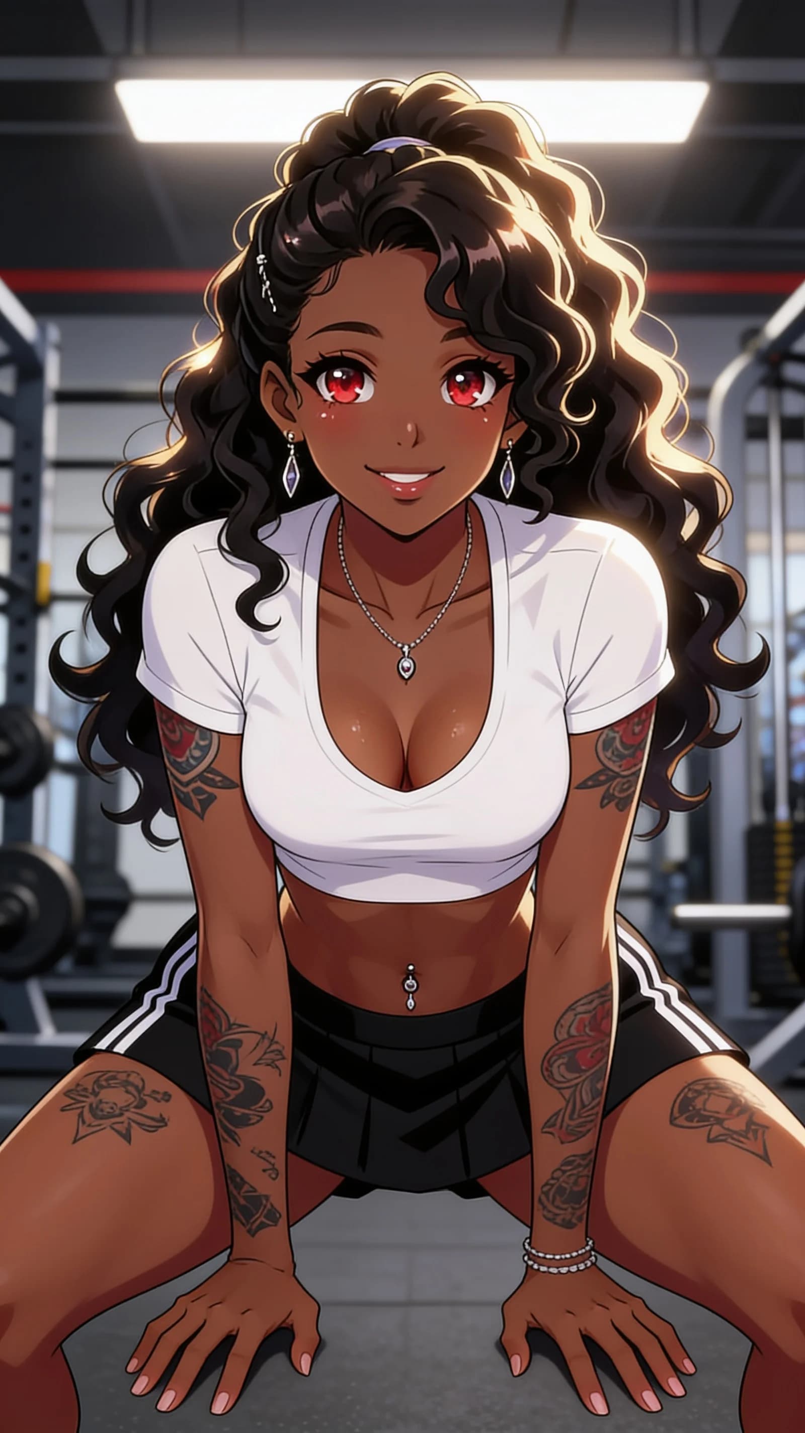 anime style, 2D cel-shaded anime illustration, anime key visual, flat cel shading, clean bold line art, vibrant saturated colors, large detailed expressive anime eyes with crisp catchlights, flat 2D rendering, not photorealistic, not 3D render, 21-year-old black woman with curly black hair, red eyes, skinny athletic build, artistic tattoos on arms and thighs, squatting athletic pose with knees spread wide and hips low in a modern fitness gym, front medium close-up portrait angle looking directly at viewer with warm smiling eye contact and playful expression, wearing short black tennis skirt and tight white crop top shirt that reveals nipple piercings and dangling belly piercing, bright overhead gym lighting with soft rim highlights on skin and hair, vertical 9:16 composition centered and filling the frame head to mid-thigh, nsfw, detailed anime cel shading, crisp clean linework, correct anatomy, hands cleanly drawn with five fingers, studio-quality anime key visual; avoid: photorealistic, 3D render, extra fingers, deformed hands, blurry, low detail.