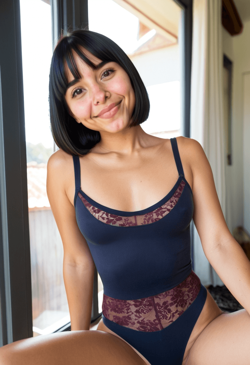 Relaxed woman wearing tight fitting and very revealing sexy lingerie, sitting in at home, natural sunlight through large windows, genuine happy expression, casual lifestyle photography, warm autumn colors, comfortable and approachable vibe, wide shot