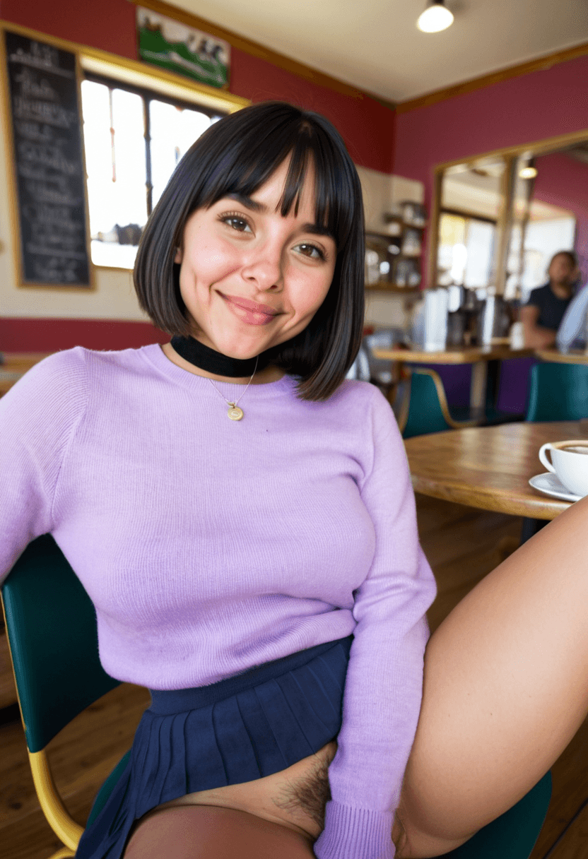 25-year-old latina woman, fit body, large breasts, medium butt, short bob with bangs, choker necklace, warm seductive grin looking at viewer, sitting in a cafe drinking coffee, fully clothed in purple jumper and miniskirt, legs open wide, no knickers, visible hairy pussy, realistic style, cyberrealistic, highly detailed, photorealistic, full body view