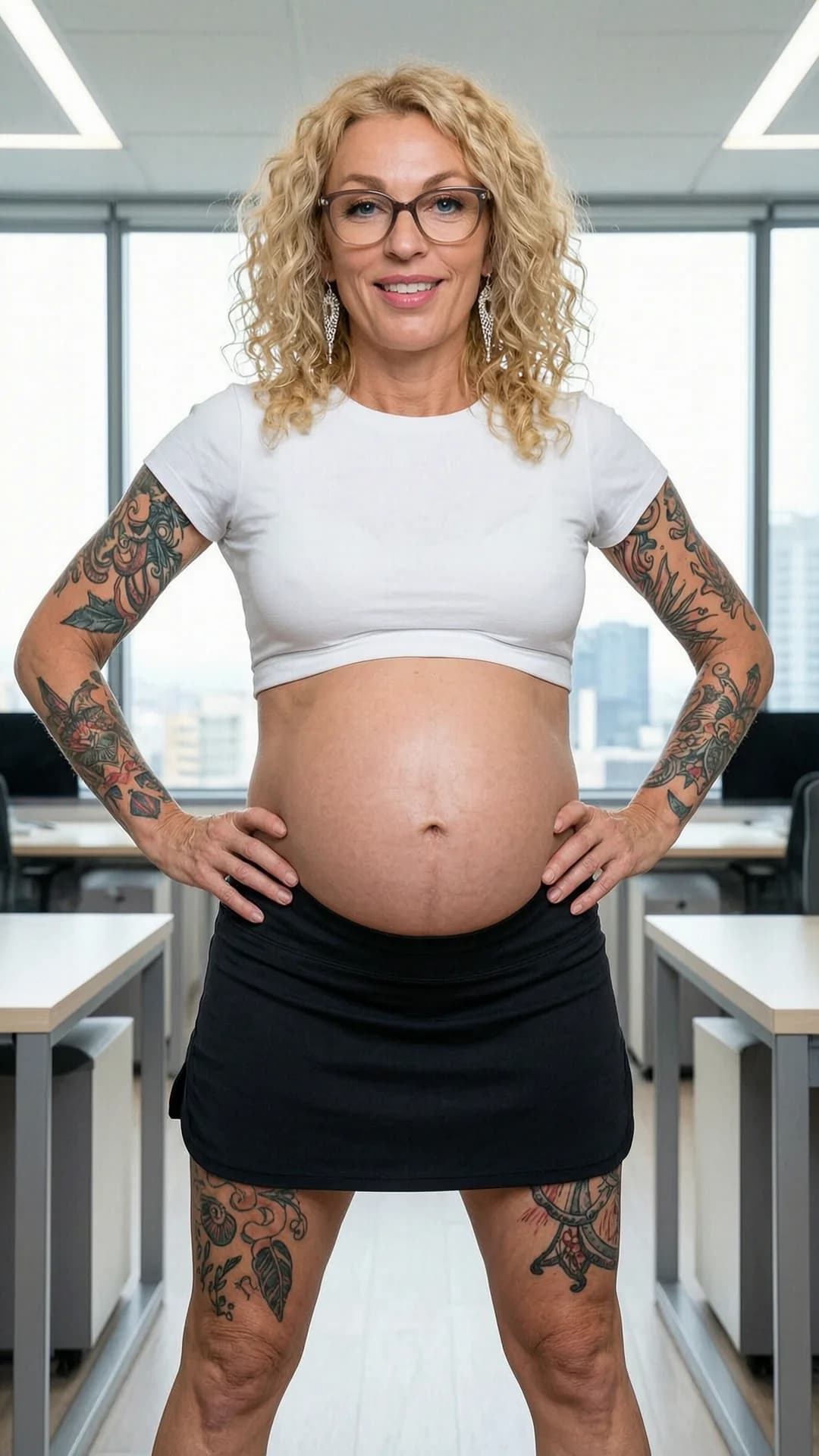 A realistic full-body portrait of a 45-year-old Caucasian woman with a skinny build, curly blonde hair, blue eyes behind stylish glasses, visible intricate tattoos on her arms and legs, and a prominently pregnant belly, wearing a short black tennis skirt and a tight white crop top shirt that exposes her midriff along with beautiful dangling earrings, standing confidently in an athletic workout pose with legs apart and hands on hips in a modern office setting with sleek desks and large windows, bright natural daylight lighting, full body shot from a straight-on frontal angle at eye level, direct eye contact with the viewer and a warm confident smile, lips parted slightly, elegant knee-length skirt swapped for the athletic attire to match the activity, flawless anatomy, no extra digits, no extra limbs, realistic skin texture, high-detail.
