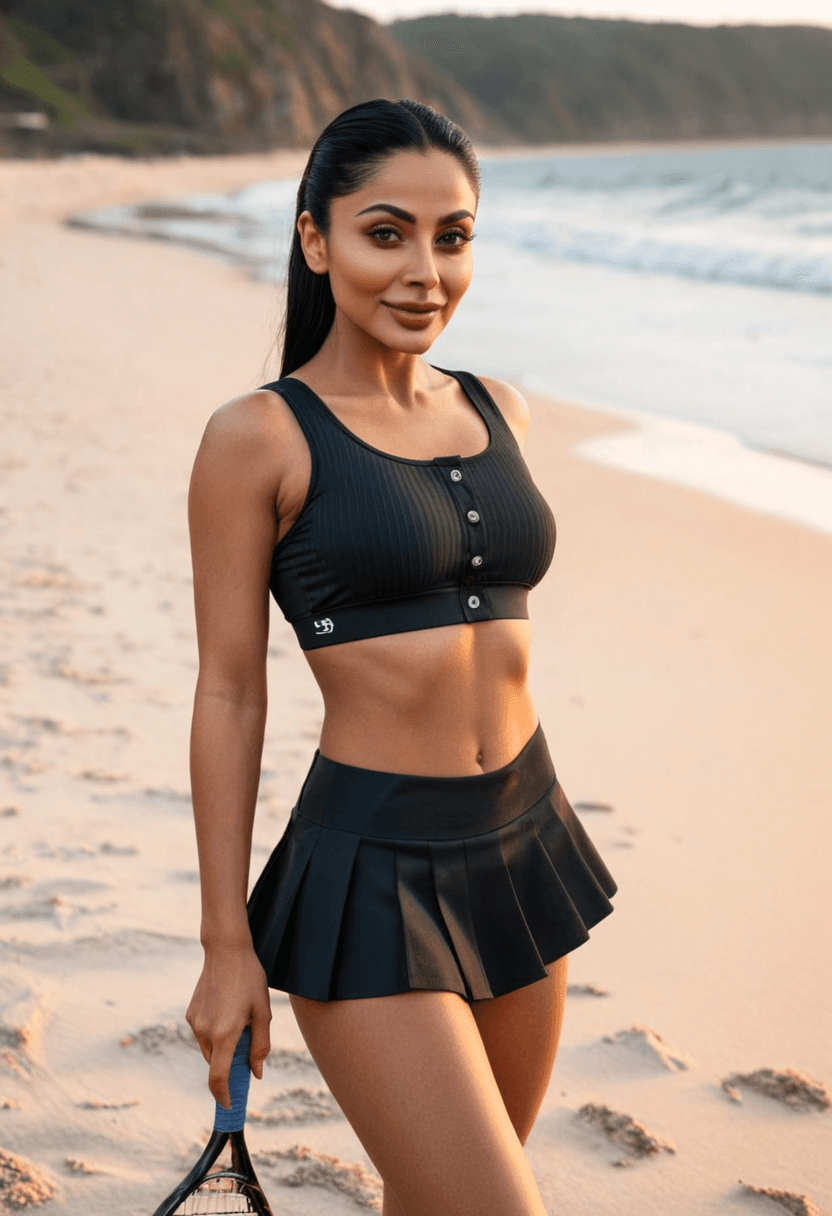 Wearing short black tennis skirt and a crop top shirt, portrait picture, looking at the viewer with a smile, wearing a stylish bikini on the beach
