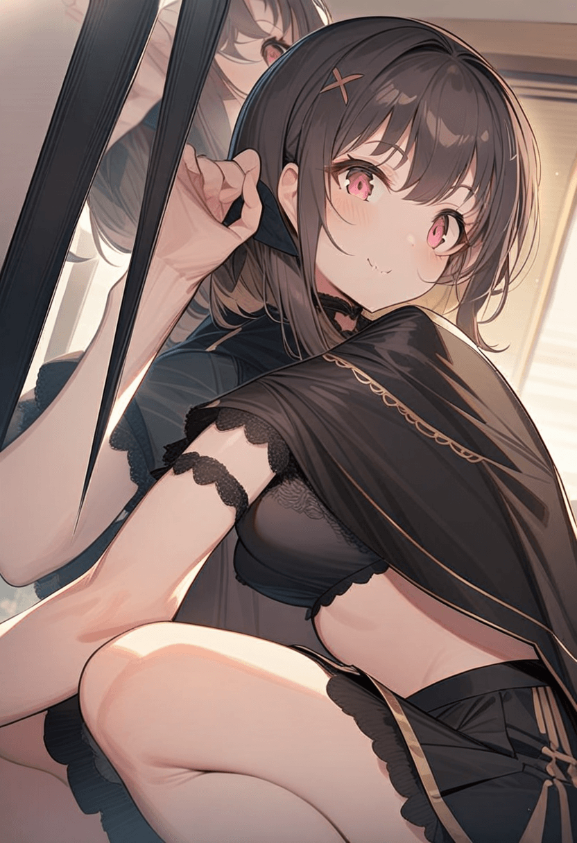 Wearing short black tennis skirt and a crop top shirt, portrait picture, looking at the viewer with a smile, wearing a luxurious satin robe, squatting position, athletic pose