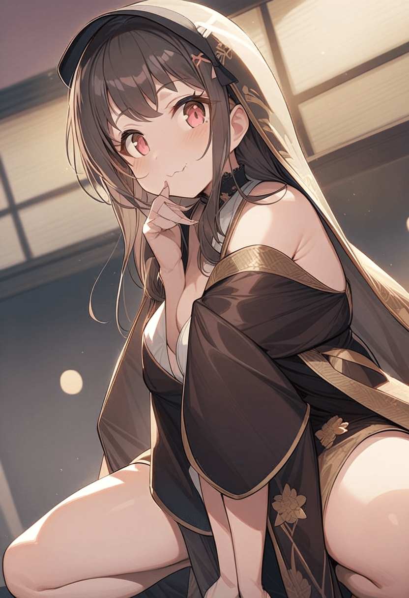 looking at the viewer with a smile, wearing a luxurious satin robe, squatting position, 