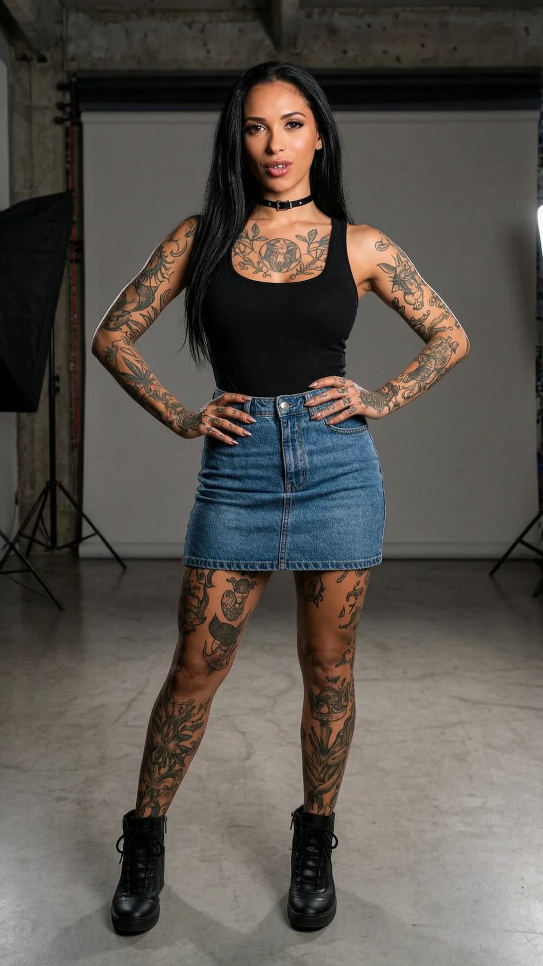 A 27-year-old Latina woman with a fit body type, long black hair, brown eyes, artistic tattoos covering her skin and visible nipple piercings, wearing a fashionable mini skirt that hugs her hips and a stylish choker around her neck, standing confidently with legs slightly apart and hands on her waist in a full body shot from a straight-on eye-level camera angle, direct intense eye contact with confident seductive expression and lips slightly parted, realistic style, modern urban studio setting with soft dramatic lighting casting subtle shadows on her toned physique, body physics showing natural breast position and skin sheen, flawless anatomy, no extra digits, no extra limbs, realistic skin texture, high-detail.