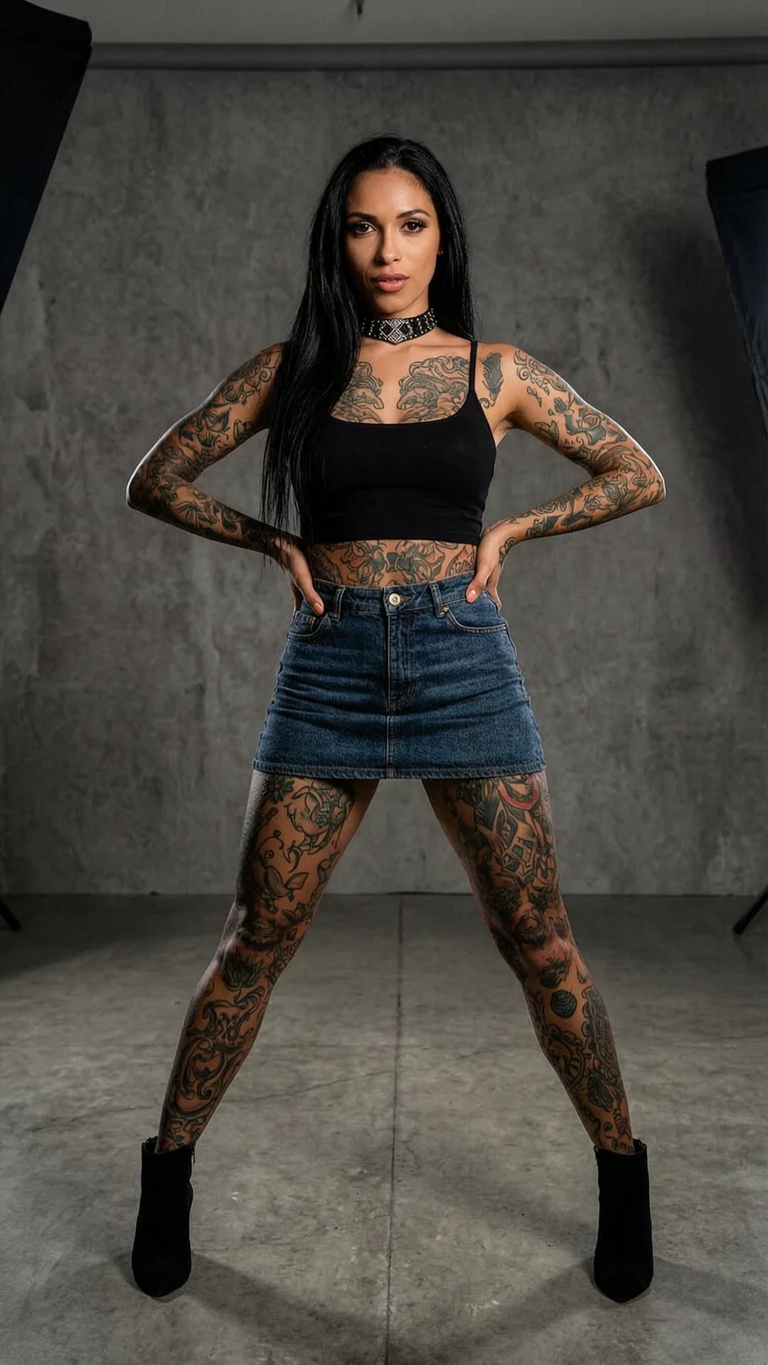 A 27-year-old Latina woman with a fit body type, long black hair, brown eyes, artistic tattoos covering her skin and visible nipple piercings, wearing a fashionable mini skirt that hugs her hips and a stylish choker around her neck, standing confidently with legs slightly apart and hands on her waist in a full body shot from a straight-on eye-level camera angle, direct intense eye contact with confident seductive expression and lips slightly parted, realistic style, modern urban studio setting with soft dramatic lighting casting subtle shadows on her toned physique, body physics showing natural breast position and skin sheen, flawless anatomy, no extra digits, no extra limbs, realistic skin texture, high-detail.