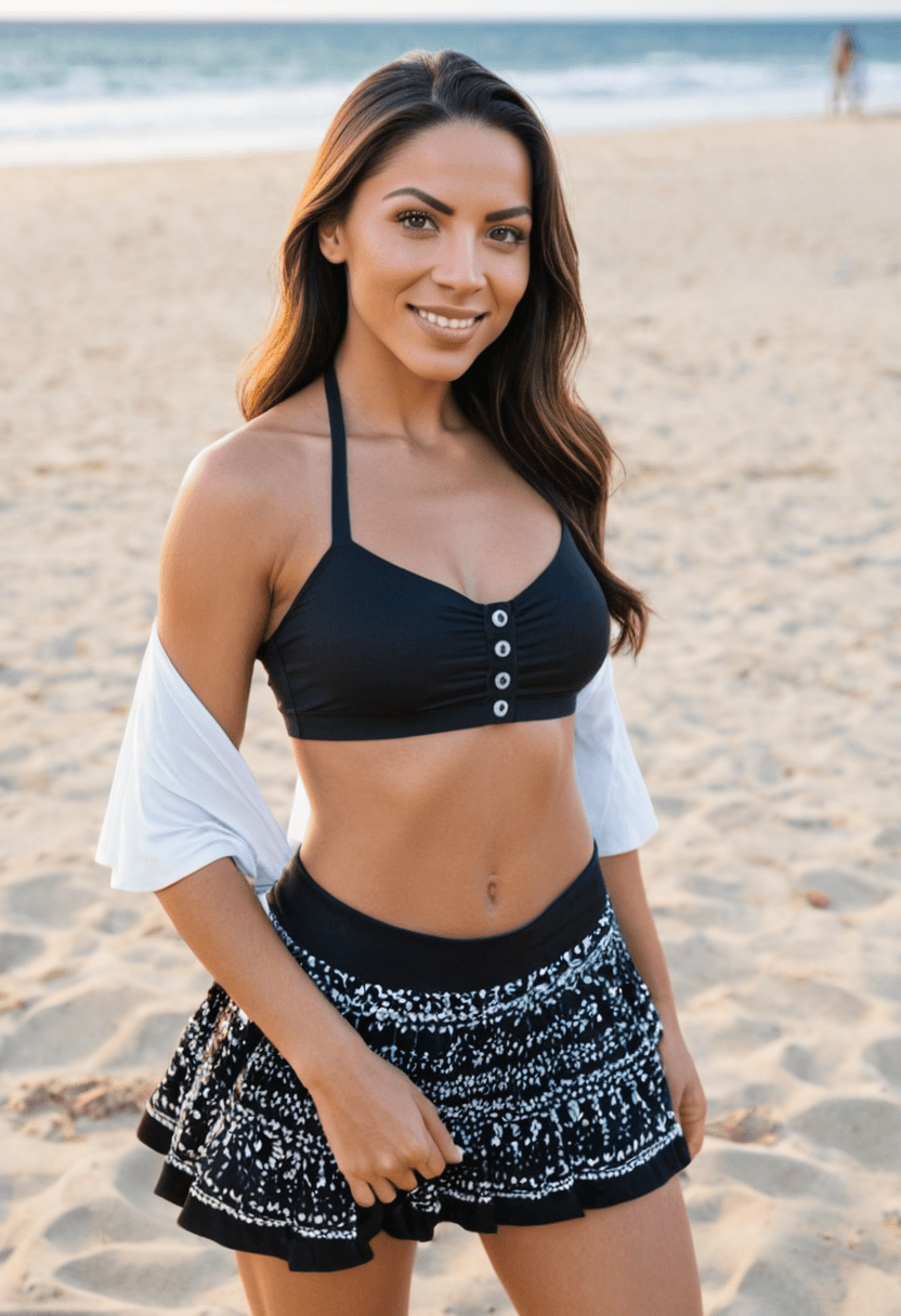 Wearing short black tennis skirt and a crop top shirt, portrait picture, looking at the viewer with a smile, wearing a light flowy summer dress, wearing a stylish bikini on the beach