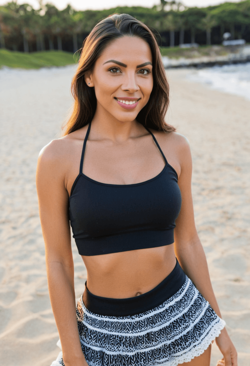 Wearing short black tennis skirt and a crop top shirt, portrait picture, looking at the viewer with a smile, wearing a light flowy summer dress, wearing a stylish bikini on the beach