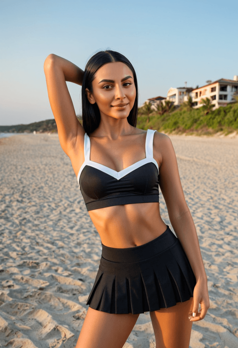 Wearing short black tennis skirt and a crop top shirt, portrait picture, looking at the viewer with a smile, wearing a stylish bikini on the beach