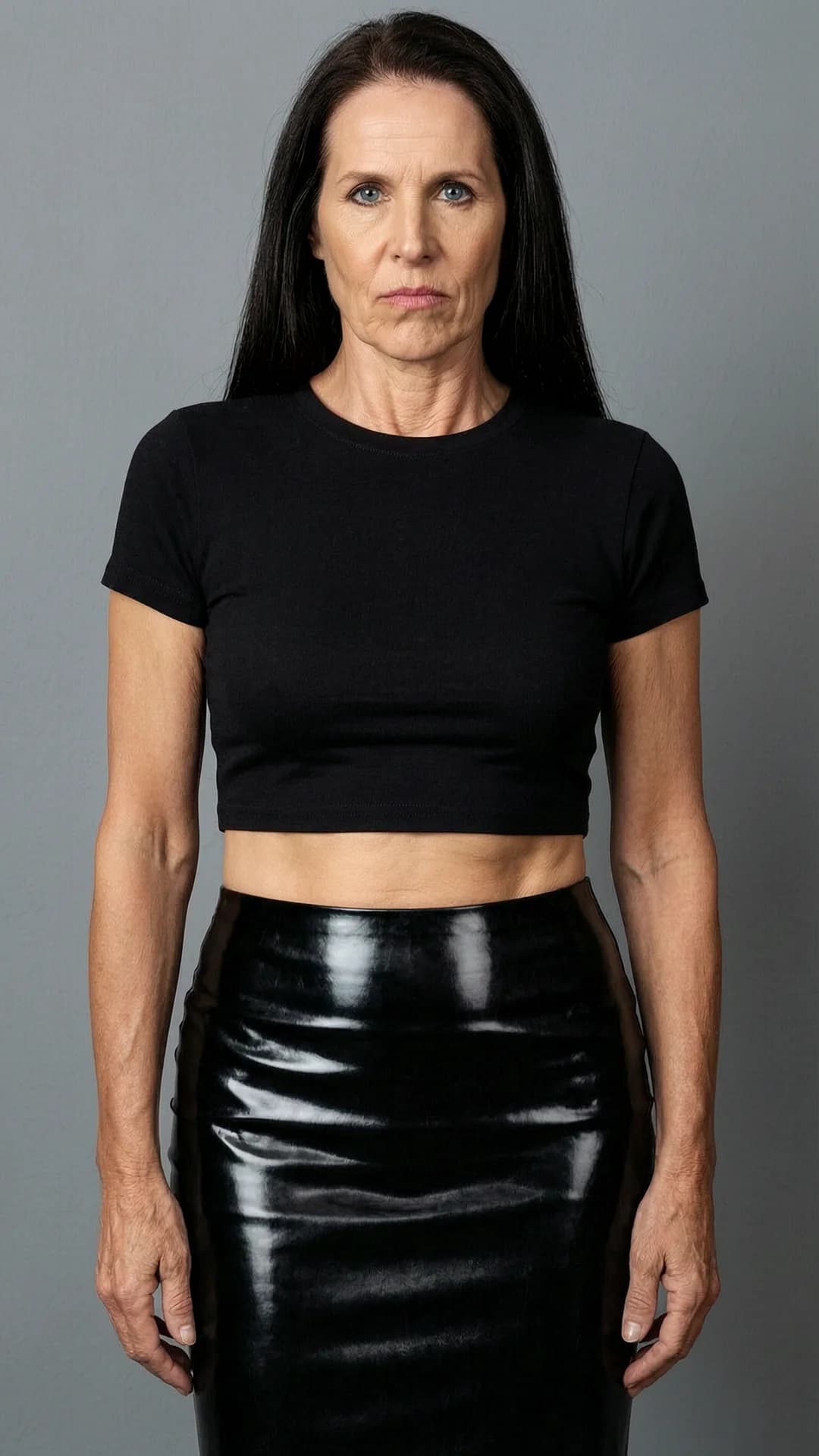 60-year-old Caucasian woman with straight brunette hair, blue eyes and skinny body type, wearing a tight black crop top shirt that exposes her midriff and a sleek black latex skirt hugging her hips, standing in a neutral studio setting with soft cinematic lighting casting subtle shadows across her form, medium close-up portrait from eye-level front angle, direct intense eye contact with the viewer and a stern expression, lips pressed firmly together, realistic skin texture showing fine age lines, Flawless anatomy, no extra digits, no extra limbs, realistic skin texture, high-detail.