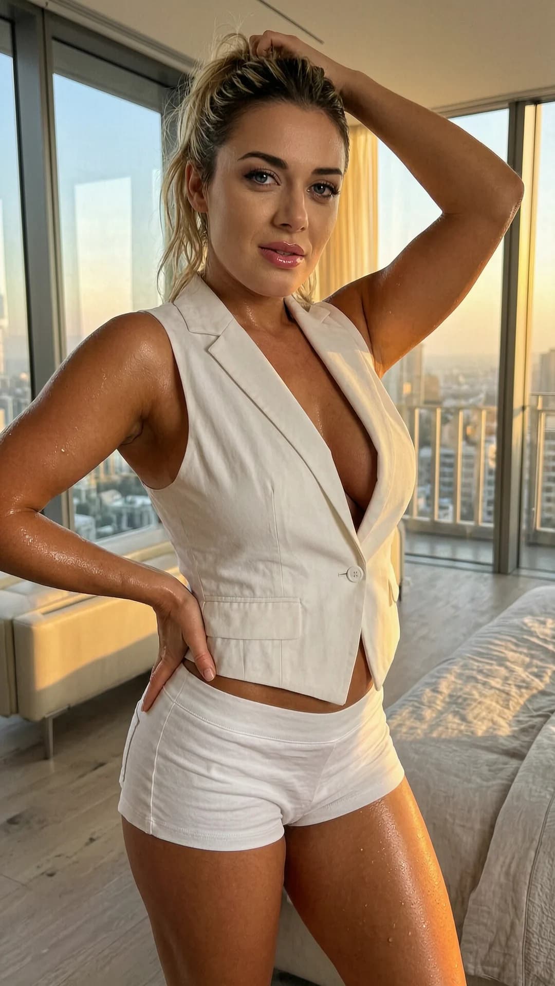 21-year-old Caucasian woman with fit body type, long blonde hair swept back in loose bangs framing her face, striking blue eyes, huge breasts straining against her tight white sleeveless suit jacket unbuttoned low to reveal deep cleavage and toned midriff, paired with skimpy white hot pants hugging her hips and firm ass, posing seductively in a luxurious modern penthouse bedroom at golden hour with warm sunlight streaming through floor-to-ceiling windows casting dramatic shadows across her glistening sweat-kissed skin, medium close-up from low side angle emphasizing her curvaceous hourglass figure and powerful legs spread slightly in a confident stance with one hand on hip and the other tousling her hair, intense upward eye contact with sultry invitation and parted glossy lips exhaling softly, body physics showing heavy breasts heaving with tension and subtle jiggle, taut abdominal muscles flexing, smooth realistic skin with light sheen of perspiration highlighting every curve and muscle definition, aroused nipples faintly visible through thin fabric, mood of raw erotic confidence and playful dominance, flawless anatomy, no extra digits, no extra limbs, realistic skin texture, high-detail.