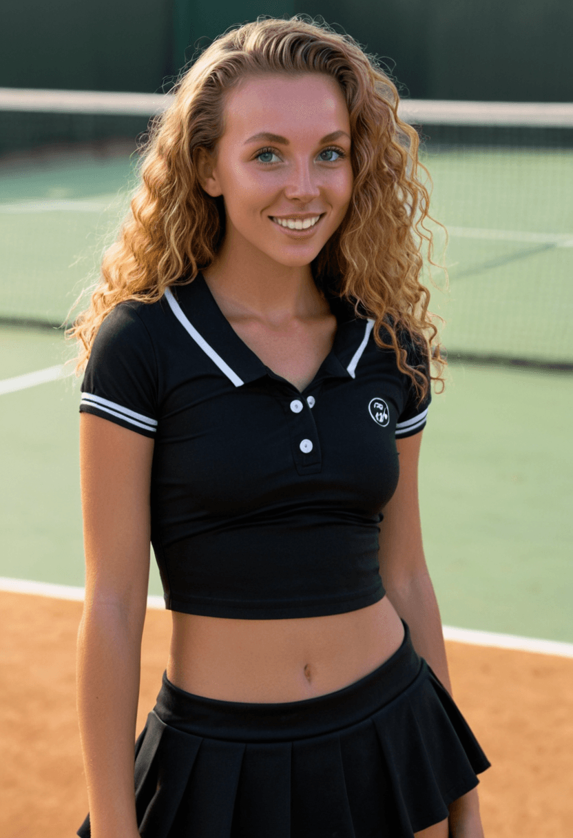 Wearing short black tennis skirt and a crop top shirt, portrait picture, looking at the viewer with a smile
