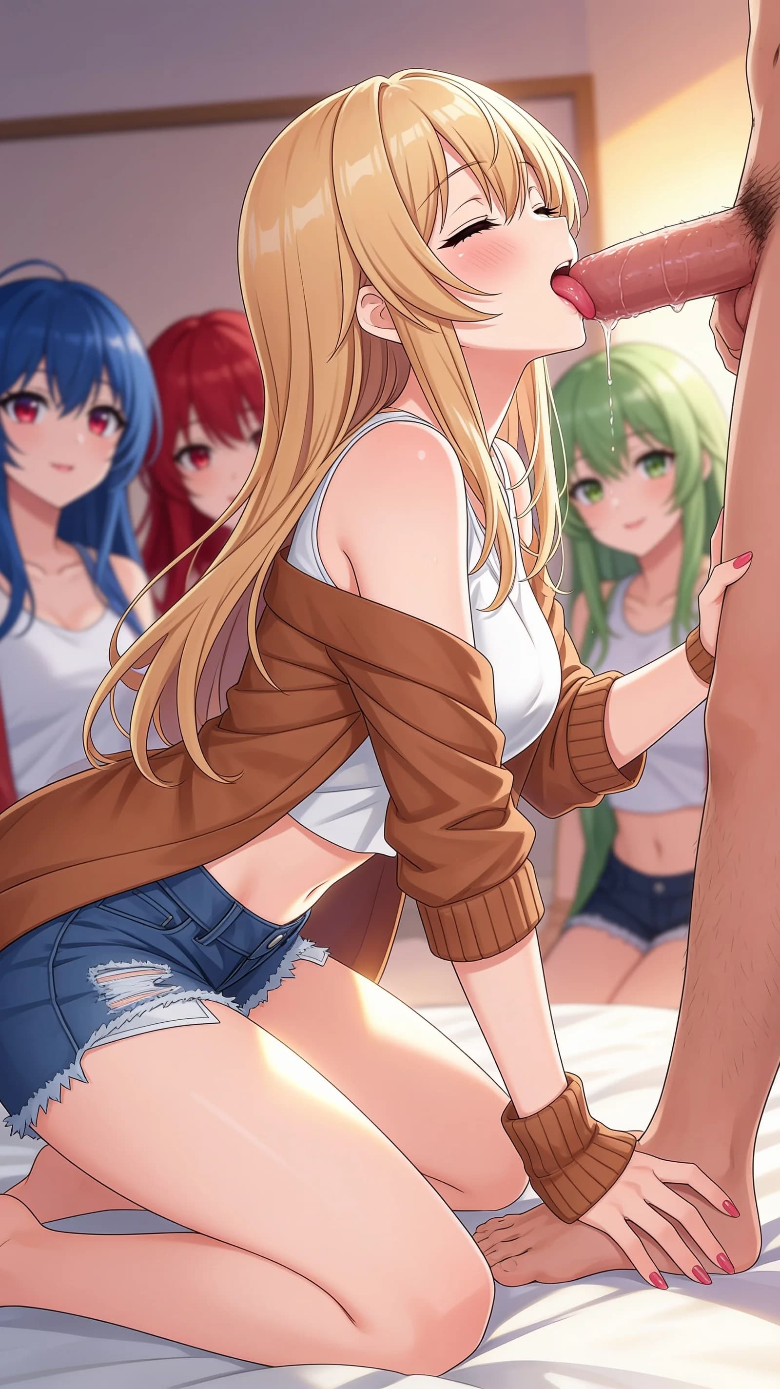 anime style, 2D cel-shaded anime illustration, anime key visual, flat cel shading, clean bold line art, vibrant saturated colors, large detailed expressive anime eyes with crisp catchlights, flat 2D rendering, not photorealistic, not 3D render, 21-year-old Asian woman with long blonde hair, red eyes, fit body type, blushing cheeks, expressive red eyes, in an explicit harem scene kneeling and licking an adult man's penis with closed eyes and blissful expression, other adult harem women with blue red and green hair visible in soft focus behind her, nsfw, detailed wet tongue contact and glistening saliva on shaft, flushed skin sheen, body arched forward, medium close-up from side angle, soft warm ambient bedroom lighting with gentle rim highlights on curves, vertical 9:16 portrait composition centered on the blonde woman from head to mid-thigh, detailed anime cel shading, crisp clean linework, correct anatomy, hands cleanly drawn with five fingers, studio-quality anime key visual; avoid: photorealistic, 3D render, extra fingers, deformed hands, blurry, low detail.