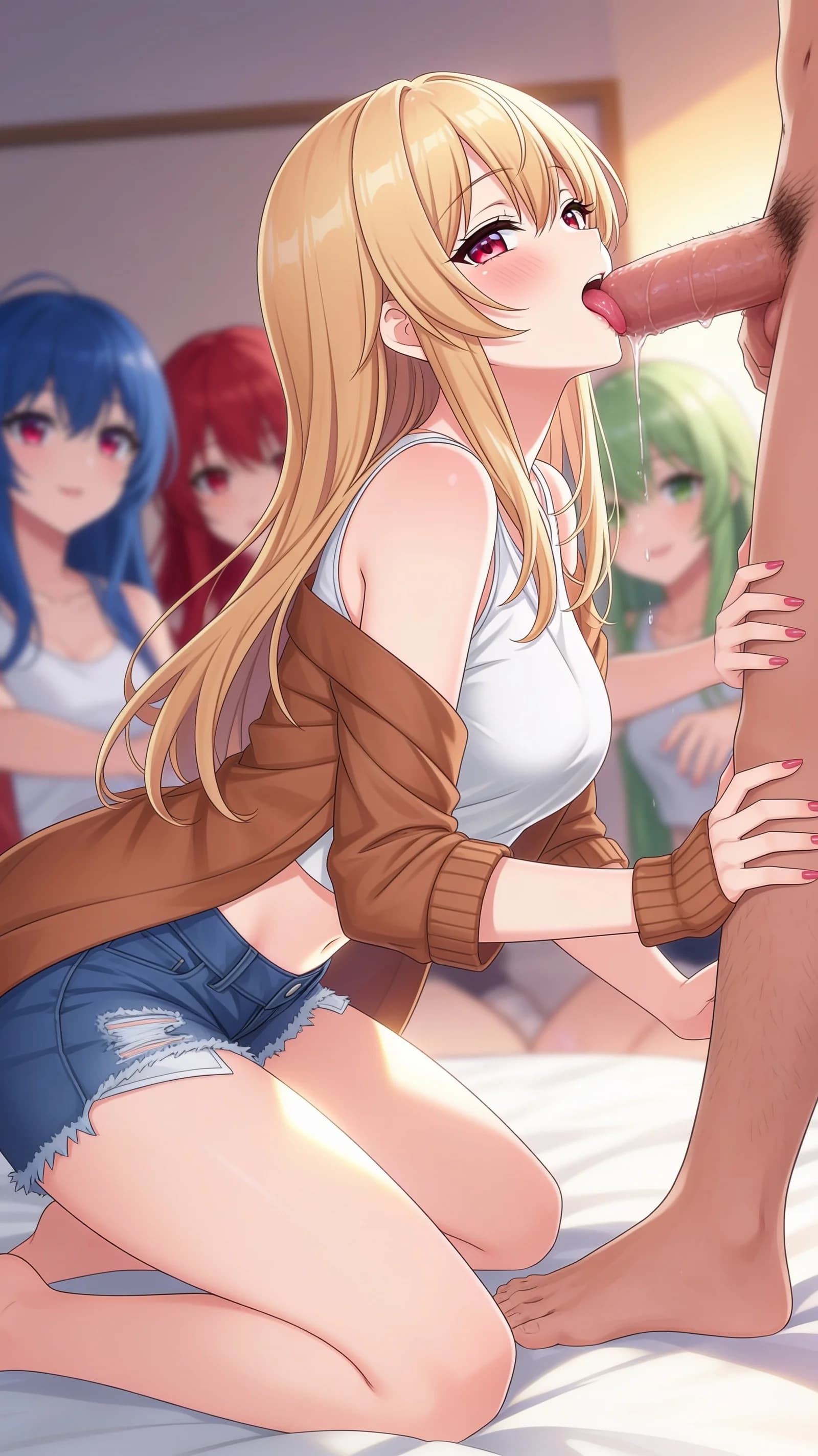 anime style, 2D cel-shaded anime illustration, anime key visual, flat cel shading, clean bold line art, vibrant saturated colors, large detailed expressive anime eyes with crisp catchlights, flat 2D rendering, not photorealistic, not 3D render, 21-year-old Asian woman with long blonde hair, red eyes, fit body type, blushing cheeks, expressive red eyes, in an explicit harem scene kneeling and licking an adult man's penis with closed eyes and blissful expression, other adult harem women with blue red and green hair visible in soft focus behind her, nsfw, detailed wet tongue contact and glistening saliva on shaft, flushed skin sheen, body arched forward, medium close-up from side angle, soft warm ambient bedroom lighting with gentle rim highlights on curves, vertical 9:16 portrait composition centered on the blonde woman from head to mid-thigh, detailed anime cel shading, crisp clean linework, correct anatomy, hands cleanly drawn with five fingers, studio-quality anime key visual; avoid: photorealistic, 3D render, extra fingers, deformed hands, blurry, low detail.