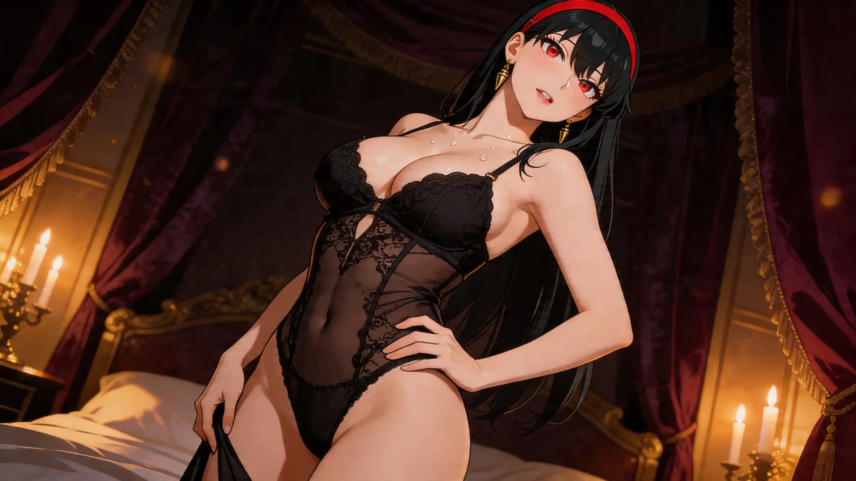 21-year-old Asian woman with fit body, long black hair, striking red eyes, wearing a red headband and gold earrings, posed seductively in black lace lingerie that clings to her curves with intricate lace patterns and sheer panels revealing hints of skin, standing in a dimly lit luxurious bedroom with velvet drapes and candlelight casting warm golden glows and soft shadows across her form, medium close-up from a low angle looking up to emphasize her dominant presence, body arched slightly backward with one hand on her hip and the other trailing down her thigh, breasts thrust forward with natural bounce and subtle sheen on her taut skin, intense upward eye contact with the viewer filled with sultry desire and parted glossy lips exhaling softly, light blush marks on cheeks, faint sweat drops on collarbone and cleavage highlighting her aroused tension, anime style, high-quality illustration, flawless anatomy, no extra digits, no extra limbs, detailed anime shading, high-quality illustration.