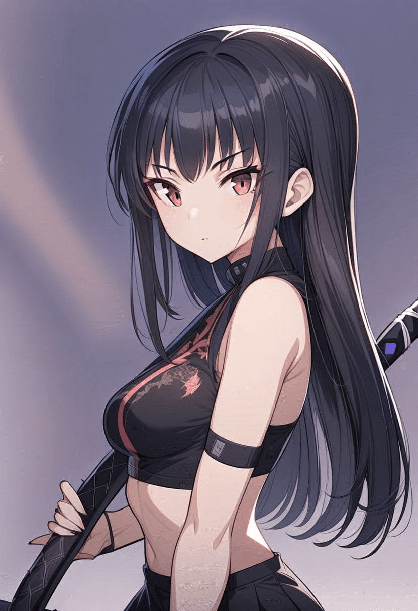 1girl, solo, full body, anime style, 18-year-old asian woman, slim body, medium breasts, medium butt, cybernetic arm, holding katana, wearing short black tennis skirt, crop top shirt, portrait view, looking at viewer, smiling, detailed face, vibrant colors, high quality, intricate details, taking a shit with a long log 