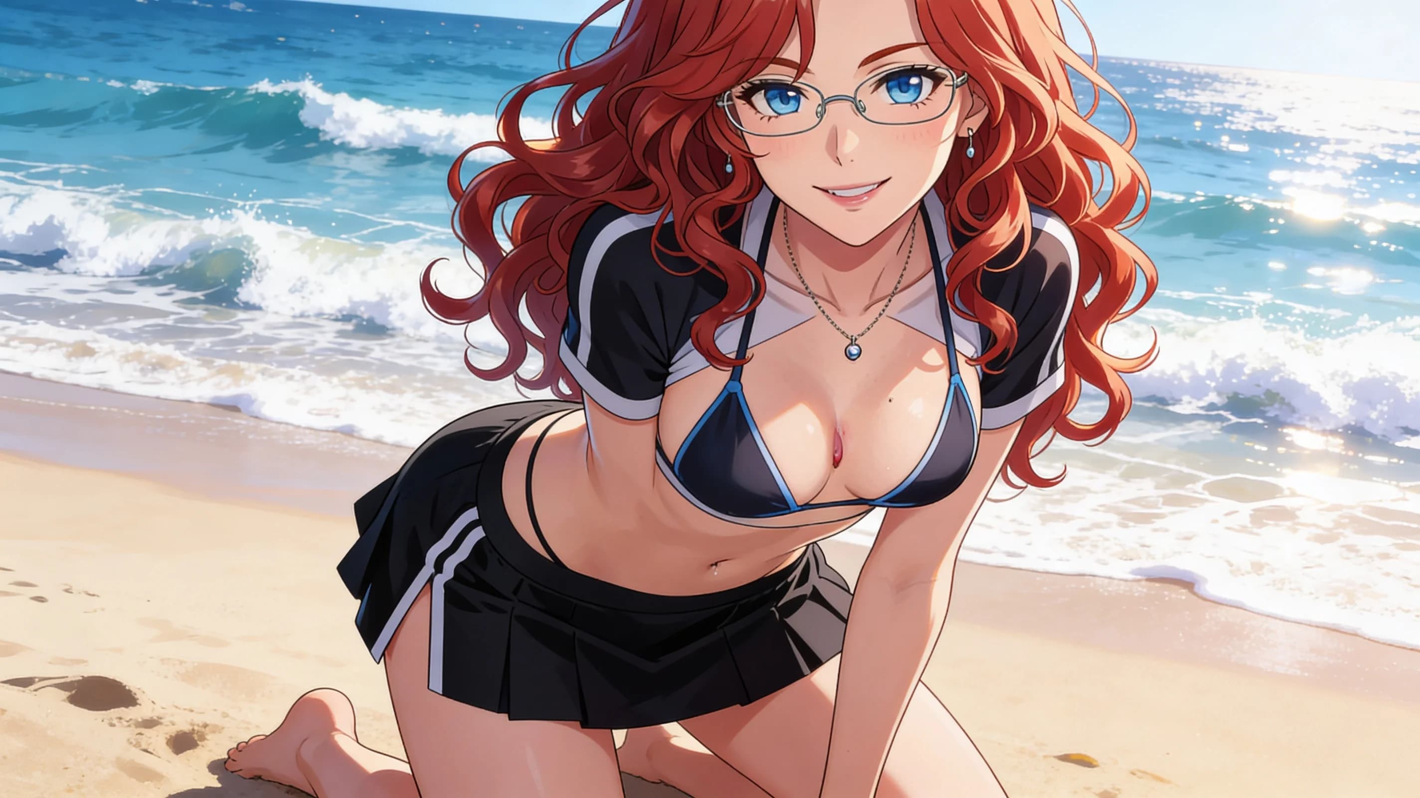 25-year-old Caucasian woman with curly red hair, blue eyes, fit body, wearing glasses and visible nipple piercings, kneeling elegantly on a sunny beach with ocean waves in the background, wearing a stylish revealing bikini paired with a short black tennis skirt and crop top shirt, medium close-up portrait from front angle, intense direct eye contact with the viewer and a warm inviting smile, sunlit skin with natural sheen and subtle blush marks, vibrant atmospheric lighting highlighting body curves and fabric folds, anime style, high-quality illustration, Flawless anatomy, no extra digits, no extra limbs, detailed anime shading, high-quality illustration.