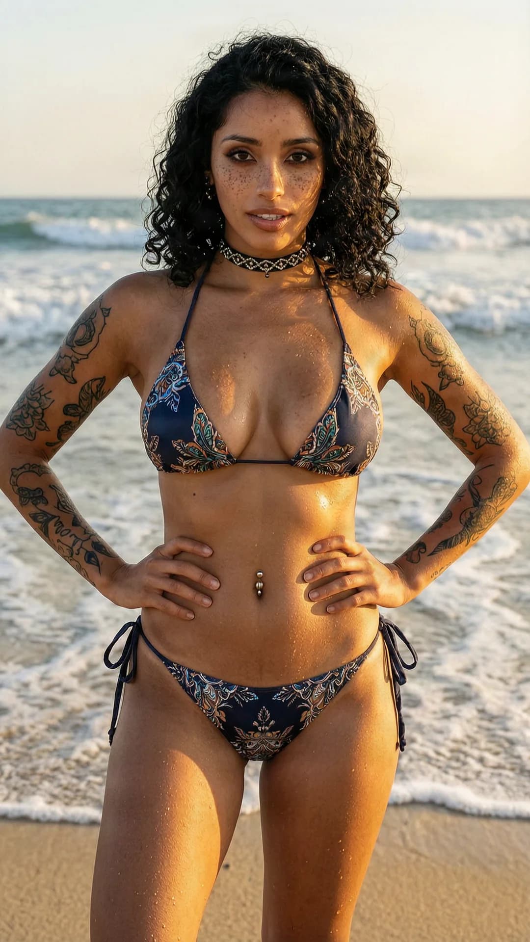A 21-year-old Latina woman with curly black hair, brown eyes, fit body type, freckles across her cheeks and shoulders, belly piercings, nipple piercings, and artistic tattoos covering her arms and torso, standing confidently on a sunny beach with ocean waves crashing behind her, wearing a stylish bikini and a fashionable choker, full body frontal shot from eye-level angle, hands on hips with shoulders back and chest forward pushing her breasts prominently against the bikini fabric, direct intense eye contact with confident seductive expression and lips parted, bright golden sunlight illuminating her skin with soft shadows creating a warm sheen across her toned abs and highlighting subtle muscle tension and sweat droplets on her fit physique, realistic style, Flawless anatomy, no extra digits, no extra limbs, realistic skin texture, high-detail.