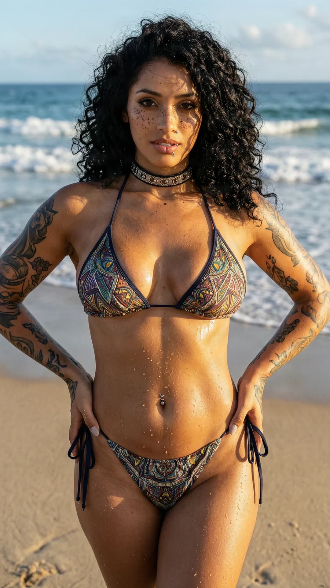A 21-year-old Latina woman with curly black hair, brown eyes, fit body type, freckles across her cheeks and shoulders, belly piercings, nipple piercings, and artistic tattoos covering her arms and torso, standing confidently on a sunny beach with ocean waves crashing behind her, wearing a stylish bikini and a fashionable choker, full body frontal shot from eye-level angle, hands on hips with shoulders back and chest forward pushing her breasts prominently against the bikini fabric, direct intense eye contact with confident seductive expression and lips parted, bright golden sunlight illuminating her skin with soft shadows creating a warm sheen across her toned abs and highlighting subtle muscle tension and sweat droplets on her fit physique, realistic style, Flawless anatomy, no extra digits, no extra limbs, realistic skin texture, high-detail.