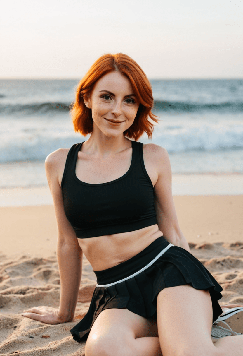 Wearing short black tennis skirt and a crop top shirt, portrait picture, looking at the viewer with a smile, wearing a stylish bikini on the beach, sitting casually, relaxed pose, on a sunny beach with ocean waves