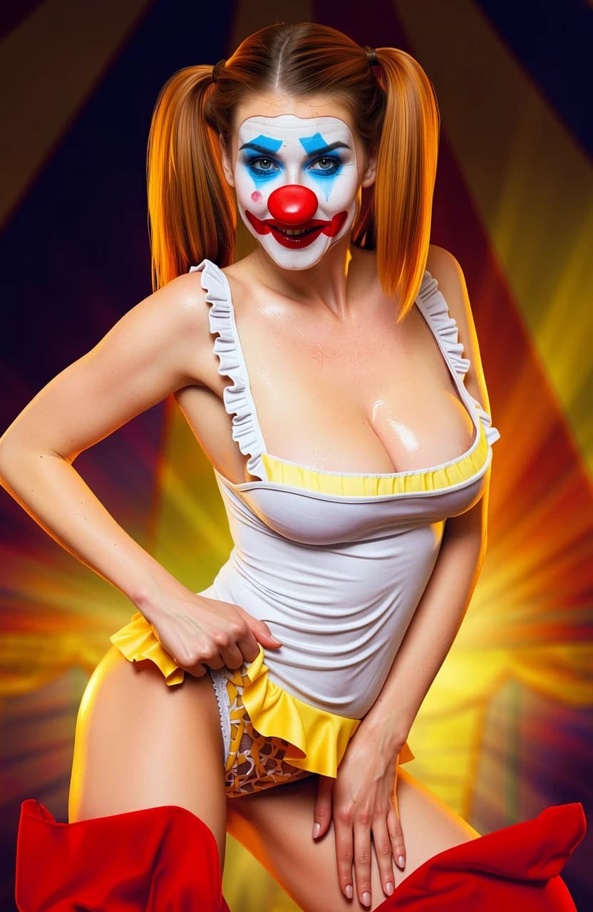 30-year-old Caucasian woman with fit athletic body, vibrant redhead hair styled in playful pigtails, striking blue eyes, and cute freckles across her nose, dressed in a tight slimming clown costume that hugs her hourglass curves with a low-cut ruffled top accentuating her perky C-cup breasts with subtle cleavage sheen, short frilly skirt riding up to reveal toned thighs and hints of lace panties, oversized floppy red shoes, face fully covered in glossy white clown makeup, exaggerated big red lips parted in a mischievous smile, bold blue and yellow eyeshadow framing her intense direct eye contact with playful seductive lust gazing straight at viewer, oversized red foam nose, standing in a vibrant dimly lit circus tent with colorful spotlights casting dramatic shadows and warm golden highlights on her smooth sweat-glistened skin with light beads of excitement tracing her collarbone and abs, dynamic pose with one hand on hip thrusting forward to emphasize her hourglass figure and firm glutes, the other playfully tugging at her skirt while leaning slightly toward the camera with arched back and subtle muscle tension in her defined abs, legs, and shoulders, medium close-up from low front angle looking up to capture her confident stance, body physics with breasts lifted and taut against fabric, skin glowing with realistic texture and faint flush of arousal, festive mood blending whimsy and allure, flawless anatomy, no extra digits, no extra limbs, realistic skin texture, high-detail.