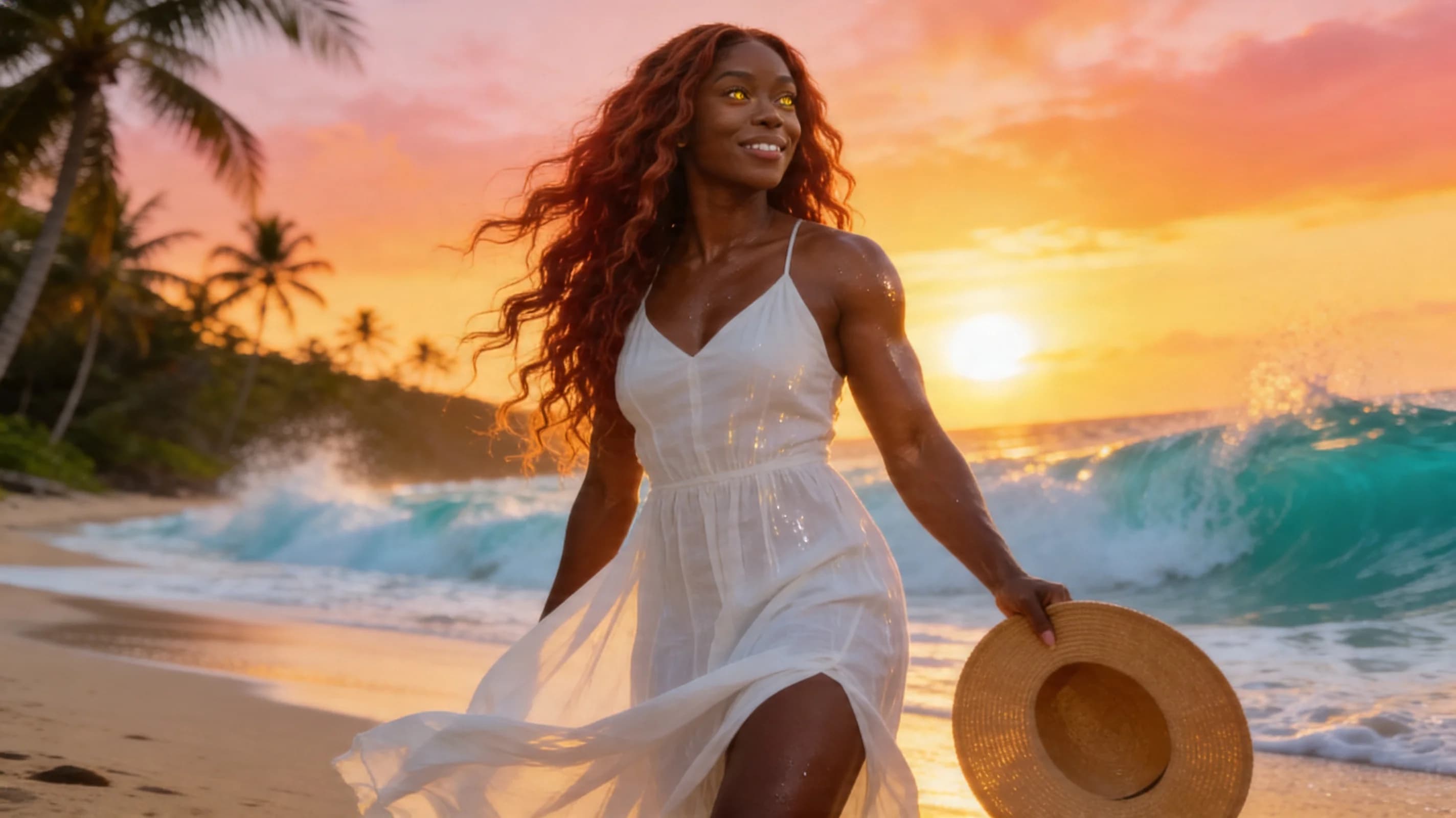 24-year-old muscular black woman with long flowing red hair and striking yellow eyes, happy and carefree with a genuine wide smile revealing perfect white teeth, walking barefoot on a pristine tropical beach leaving fresh footprints in the wet sand, wearing a flowing white sundress that billows gently in the sea breeze revealing toned muscular legs and subtle curves, carrying a wide-brimmed sun hat in one hand, golden sunset lighting casting warm orange and pink hues across her glistening sweat-kissed dark skin and the paradise background of turquoise waves crashing on shore with palm trees silhouetted in the distance, medium wide shot from low front angle following her stride with dynamic motion blur on dress and hair, direct upward eye contact with joyful sparkling yellow eyes full of pure bliss and vacation freedom, lips slightly parted in delight, body physics showing firm muscular tension in calves and thighs from walking with defined quad separation and vein subtle pop, natural breast bounce under thin sundress fabric with pert medium-sized breasts swaying rhythmically, wind-swept red hair flowing wildly behind her, skin sheen from light sweat highlighting ebony tone and muscle contours, carefree stride with hips swaying naturally and arms relaxed, cinematic vacation photography style with shallow depth of field focusing sharply on her face and body while softly blurring the horizon, golden hour glow enveloping the scene in warm ethereal light. Flawless anatomy, no extra digits, no extra limbs, realistic skin texture, high-detail.