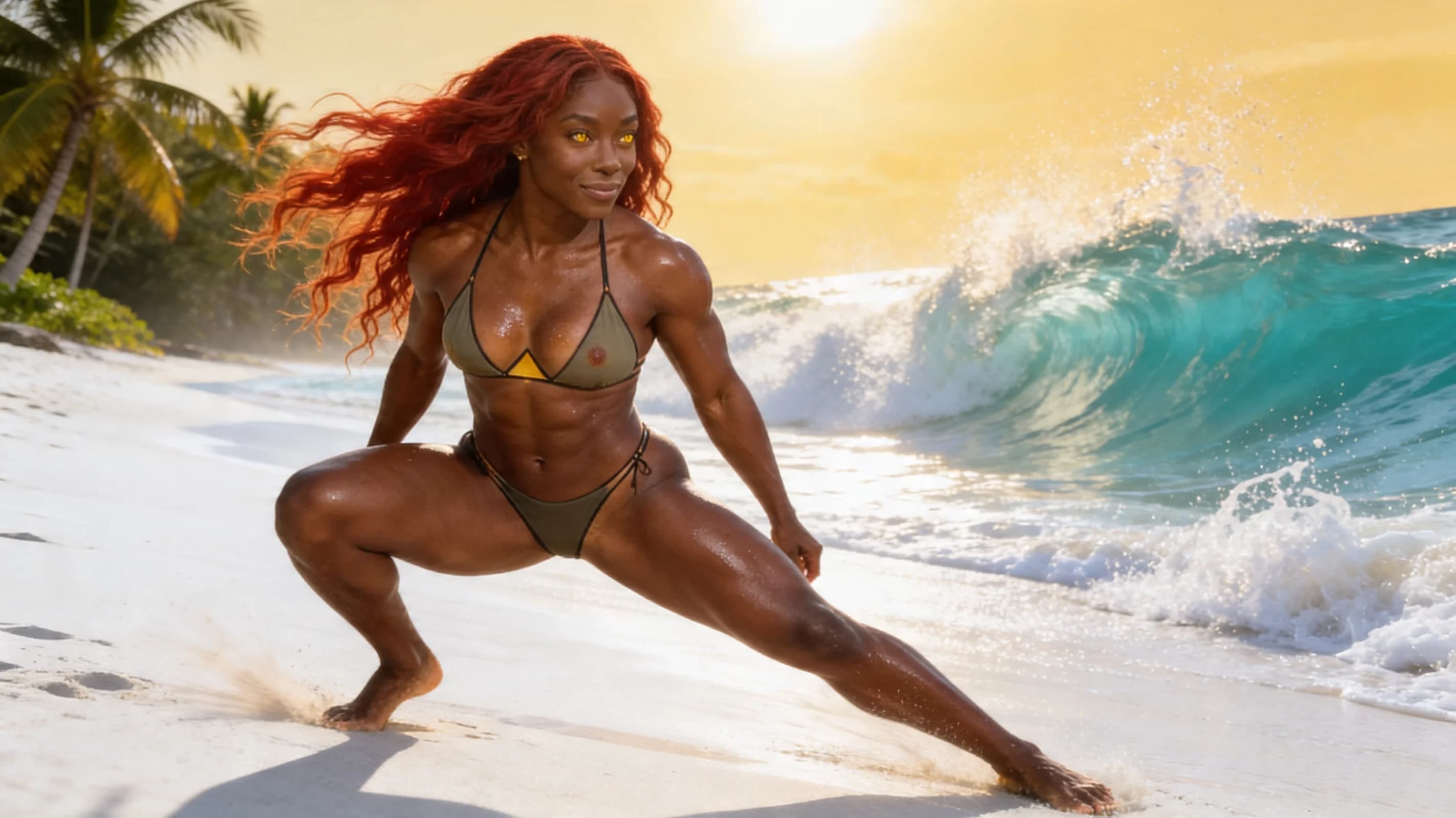 24-year-old muscular black woman with long flowing red hair cascading down her back, striking yellow eyes, toned athletic curves, firm abs, powerful thighs, and full perky breasts, walking confidently along a sun-drenched tropical beach with pristine white sand and turquoise waves crashing dramatically in the background under golden hour sunlight casting long dramatic shadows and warm glowing highlights, her oiled skin glistening with a light sheen of sweat and sunscreen emphasizing every rippling muscle and smooth texture, wearing a skimpy sexy bikini with thin strings that hug her powerful physique, the tiny triangles straining taut over her heaving perky breasts with visible nipple outlines pressing against the fabric, low-rise bottoms clinging to her wide hips and accentuating her firm glutes and deep hip flexors mid-stride, hips swaying seductively in a sultry strut pose with one leg extended forward powerfully, the other planted firmly, shoulders back confidently, arms relaxed swinging naturally at her sides, body physics showing taut muscle tension in quads and calves, breasts bouncing subtly with perky upward lift, happy sultry expression with intense direct eye contact to camera from low angle, plump lips parted in a playful inviting smile revealing perfect white teeth, mood vibrant alluring and seductive, medium wide shot from low eye-level angle slightly ahead and to the side capturing full body motion blur on legs, dynamic stride, beach horizon, and ocean spray, cinematic realistic style with high dynamic range lighting and lens flare. Flawless anatomy, no extra digits, no extra limbs, realistic skin texture, high-detail.