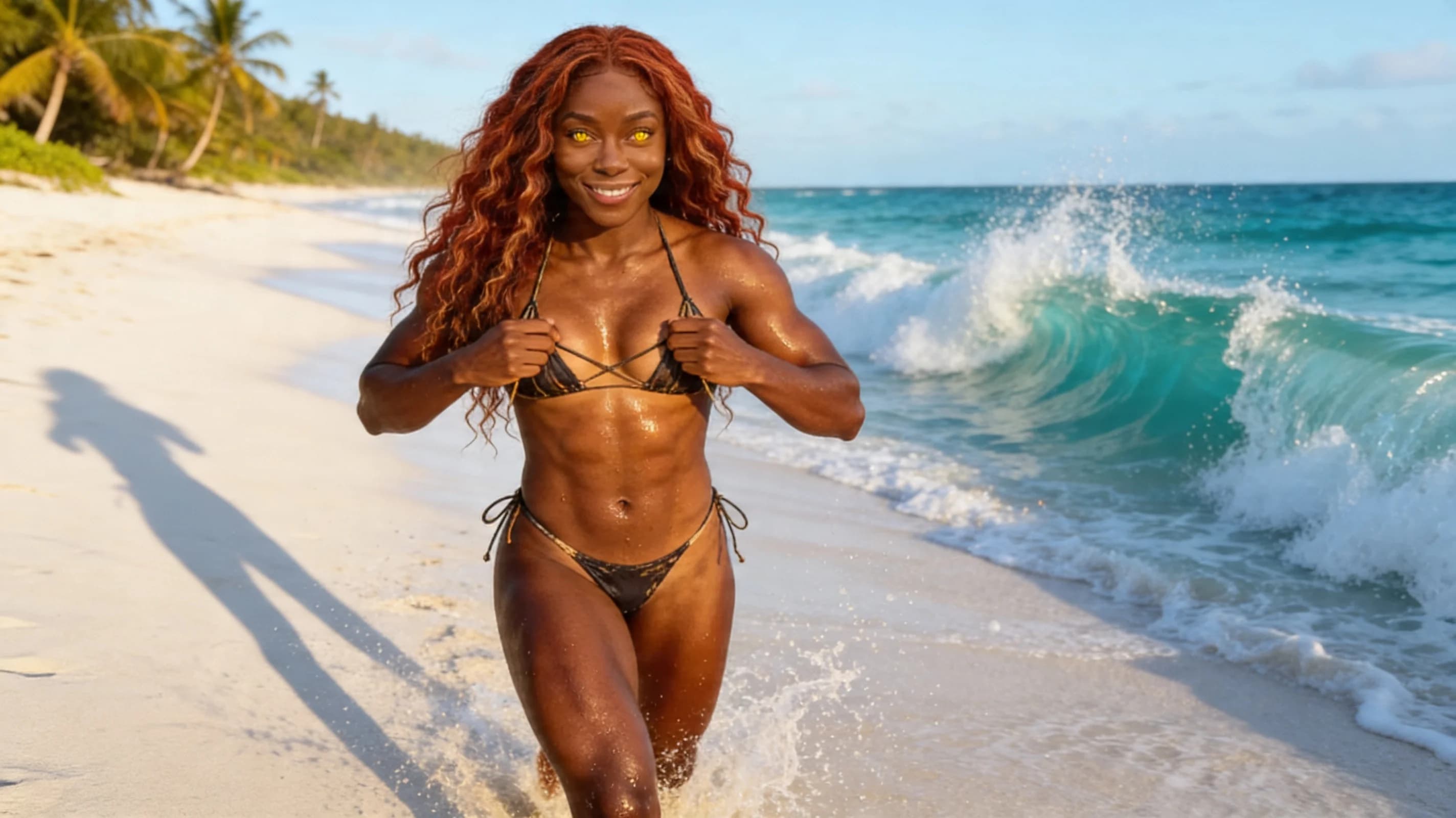 24-year-old muscular black woman with long flowing red hair cascading down her back, striking yellow eyes, toned athletic curves, firm abs, powerful thighs, and full perky breasts, walking confidently along a sun-drenched tropical beach with pristine white sand and turquoise waves crashing dramatically in the background under golden hour sunlight casting long dramatic shadows and warm glowing highlights, her oiled skin glistening with a light sheen of sweat and sunscreen emphasizing every rippling muscle and smooth texture, wearing a skimpy sexy bikini with thin strings that hug her powerful physique, the tiny triangles straining taut over her heaving perky breasts with visible nipple outlines pressing against the fabric, low-rise bottoms clinging to her wide hips and accentuating her firm glutes and deep hip flexors mid-stride, hips swaying seductively in a sultry strut pose with one leg extended forward powerfully, the other planted firmly, shoulders back confidently, arms relaxed swinging naturally at her sides, body physics showing taut muscle tension in quads and calves, breasts bouncing subtly with perky upward lift, happy sultry expression with intense direct eye contact to camera from low angle, plump lips parted in a playful inviting smile revealing perfect white teeth, mood vibrant alluring and seductive, medium wide shot from low eye-level angle slightly ahead and to the side capturing full body motion blur on legs, dynamic stride, beach horizon, and ocean spray, cinematic realistic style with high dynamic range lighting and lens flare. Flawless anatomy, no extra digits, no extra limbs, realistic skin texture, high-detail.