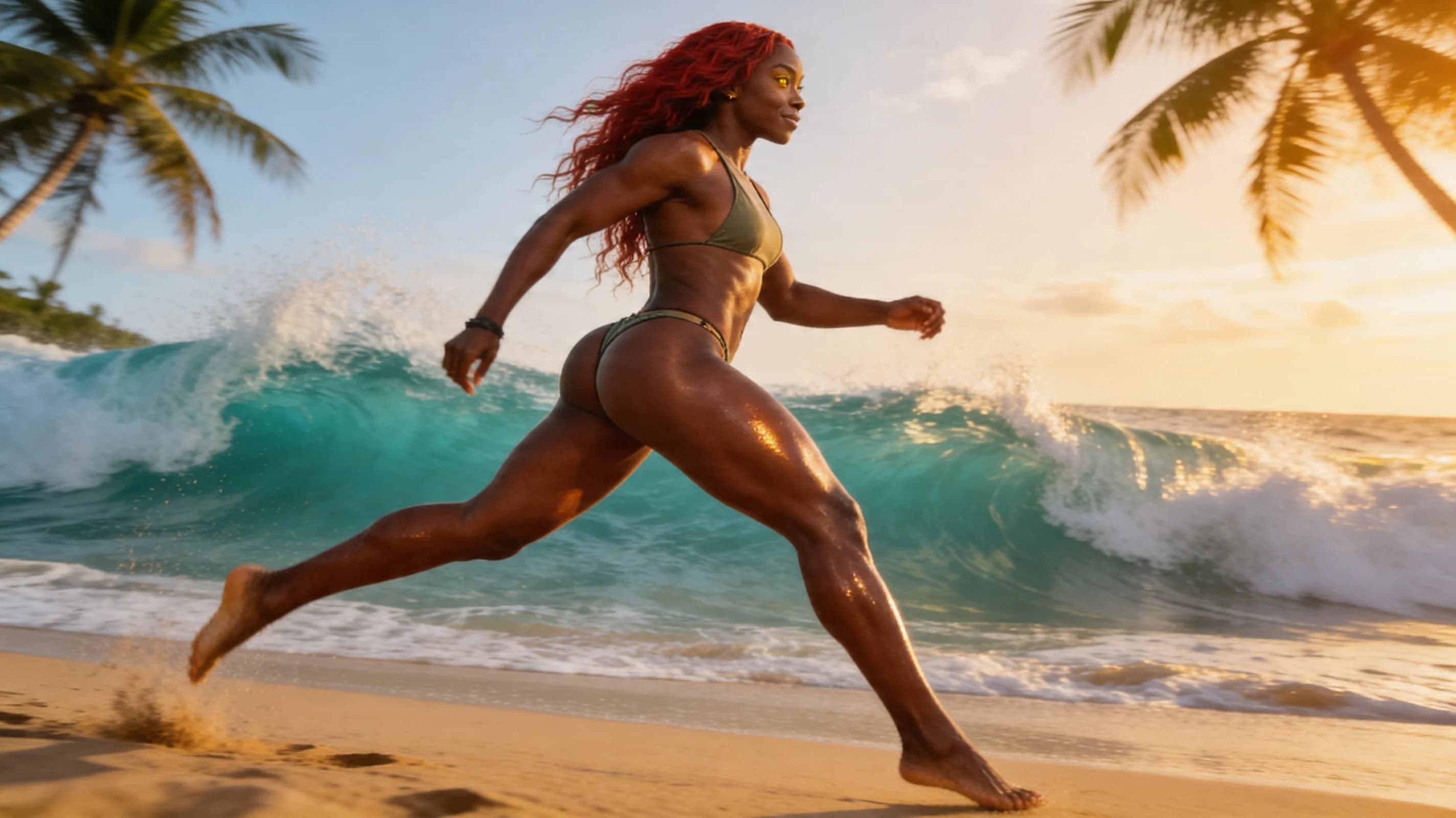 24-year-old muscular black woman with long flowing red hair cascading down her back, striking yellow eyes, toned athletic curves, firm abs, powerful thighs, and full perky breasts, walking confidently along a sun-drenched tropical beach with pristine white sand and turquoise waves crashing dramatically in the background under golden hour sunlight casting long dramatic shadows and warm glowing highlights, her oiled skin glistening with a light sheen of sweat and sunscreen emphasizing every rippling muscle and smooth texture, wearing a skimpy sexy bikini with thin strings that hug her powerful physique, the tiny triangles straining taut over her heaving perky breasts with visible nipple outlines pressing against the fabric, low-rise bottoms clinging to her wide hips and accentuating her firm glutes and deep hip flexors mid-stride, hips swaying seductively in a sultry strut pose with one leg extended forward powerfully, the other planted firmly, shoulders back confidently, arms relaxed swinging naturally at her sides, body physics showing taut muscle tension in quads and calves, breasts bouncing subtly with perky upward lift, happy sultry expression with intense direct eye contact to camera from low angle, plump lips parted in a playful inviting smile revealing perfect white teeth, mood vibrant alluring and seductive, medium wide shot from low eye-level angle slightly ahead and to the side capturing full body motion blur on legs, dynamic stride, beach horizon, and ocean spray, cinematic realistic style with high dynamic range lighting and lens flare. Flawless anatomy, no extra digits, no extra limbs, realistic skin texture, high-detail.