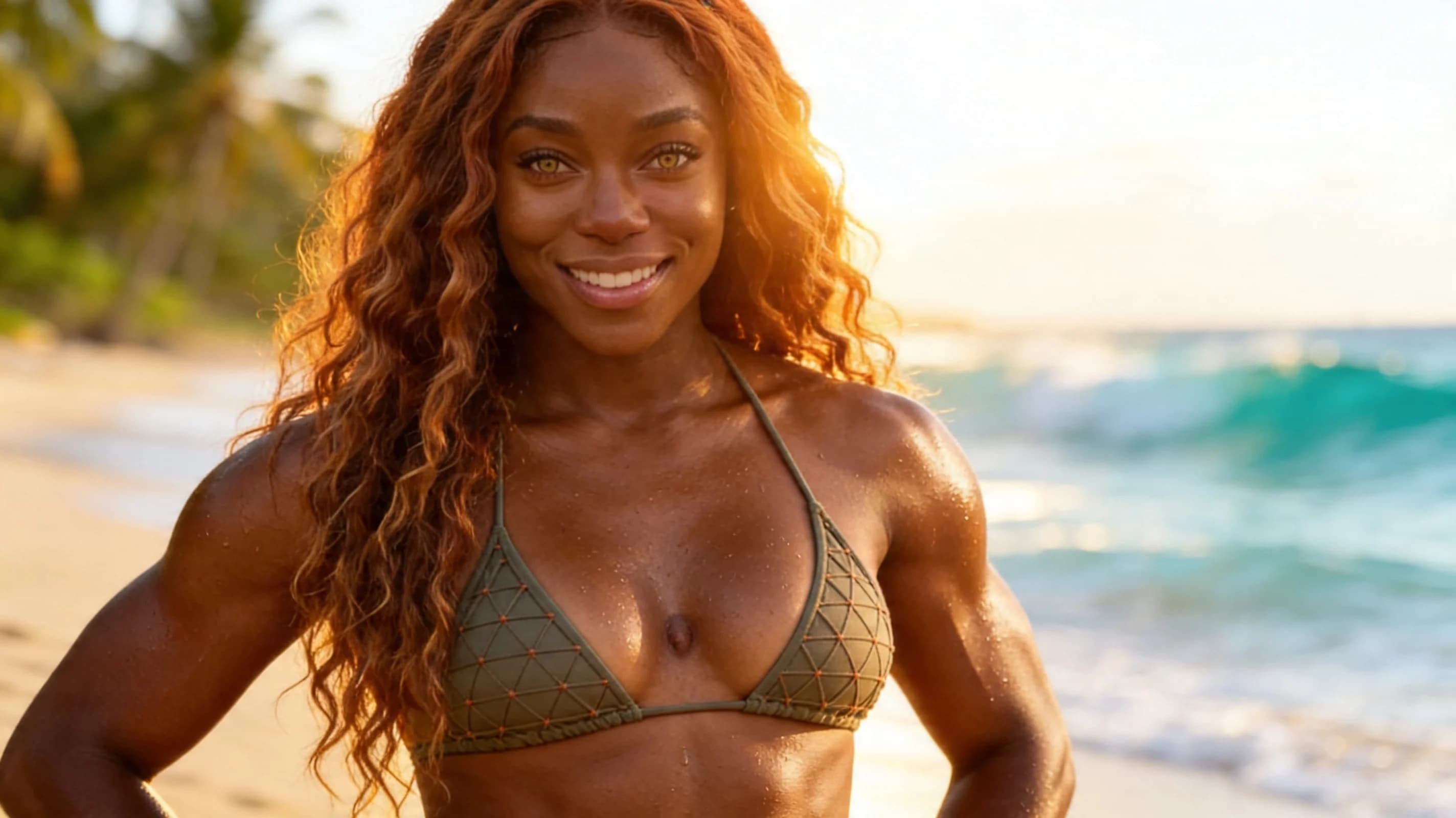 24-year-old muscular black woman with long flowing red hair cascading down her back, striking yellow eyes, toned athletic curves, firm abs, powerful thighs, and full perky breasts, walking confidently along a sun-drenched tropical beach with pristine white sand and turquoise waves crashing dramatically in the background under golden hour sunlight casting long dramatic shadows and warm glowing highlights, her oiled skin glistening with a light sheen of sweat and sunscreen emphasizing every rippling muscle and smooth texture, wearing a skimpy sexy bikini with thin strings that hug her powerful physique, the tiny triangles straining taut over her heaving perky breasts with visible nipple outlines pressing against the fabric, low-rise bottoms clinging to her wide hips and accentuating her firm glutes and deep hip flexors mid-stride, hips swaying seductively in a sultry strut pose with one leg extended forward powerfully, the other planted firmly, shoulders back confidently, arms relaxed swinging naturally at her sides, body physics showing taut muscle tension in quads and calves, breasts bouncing subtly with perky upward lift, happy sultry expression with intense direct eye contact to camera from low angle, plump lips parted in a playful inviting smile revealing perfect white teeth, mood vibrant alluring and seductive, medium wide shot from low eye-level angle slightly ahead and to the side capturing full body motion blur on legs, dynamic stride, beach horizon, and ocean spray, cinematic realistic style with high dynamic range lighting and lens flare. Flawless anatomy, no extra digits, no extra limbs, realistic skin texture, high-detail.