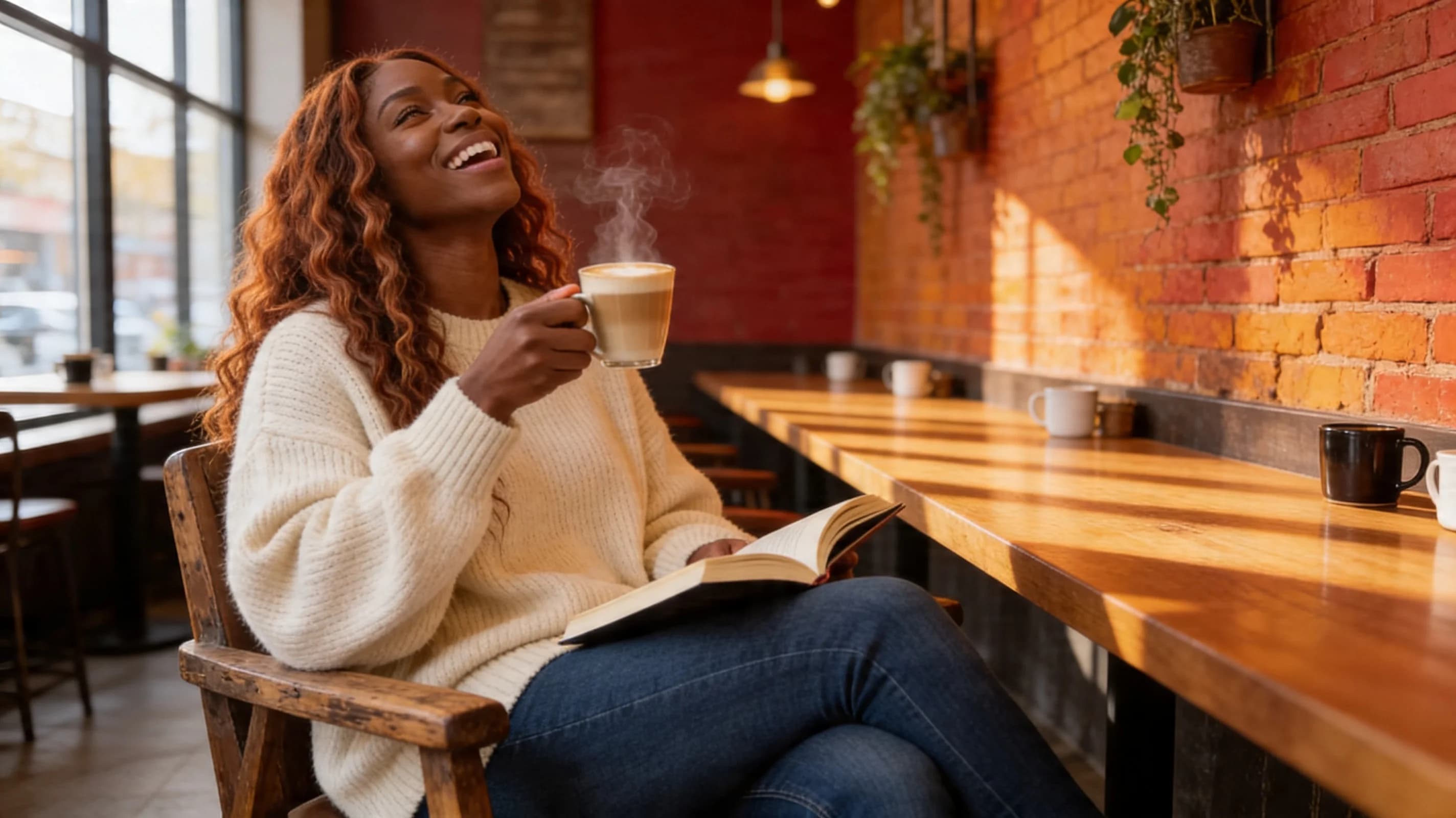24-year-old Black muscular woman with long flowing red hair cascading over her defined shoulders, striking yellow eyes sparkling with warmth, powerful athletic build with toned abs and thick thighs, sitting relaxed and comfortably on a rustic wooden chair in a trendy coffee shop brimming with warm autumn colors of amber oranges, deep browns, and rustic reds, large floor-to-ceiling windows flooding the intimate space with soft diffused natural sunlight casting golden highlights and gentle elongated shadows across polished wooden tables, scattered coffee mugs, and textured exposed brick walls adorned with hanging plants, wearing fitted blue jeans tightly hugging her powerful tensed thighs with visible muscle definition and a cozy oversized cream sweater draping loosely over her broad defined shoulders and full heavy breasts with natural realistic sag and subtle bounce from her relaxed seated posture, one muscular arm casually flexed holding a steaming latte cup with wisps of vapor rising, the other hand cradling an open book on her lap, genuine laughing expression with head tilted back slightly in joyful mirth, mouth open wide revealing perfect teeth, eyes crinkled at the corners in pure delight while making intense direct eye contact with the viewer from a medium close-up side angle POV at eye level to intimately capture her approachable inviting vibe, skin glowing with a subtle healthy sheen from the indoor warmth and laughter-induced flush, body physics emphasizing natural breast heaviness and soft jiggle under the sweater, thigh muscles subtly tensed against the jeans in her comfortable slouched pose, evoking a comfortable casual lifestyle photography mood with cinematic depth of field and warm inviting atmosphere. Flawless anatomy, no extra digits, no extra limbs, realistic skin texture, high-detail.